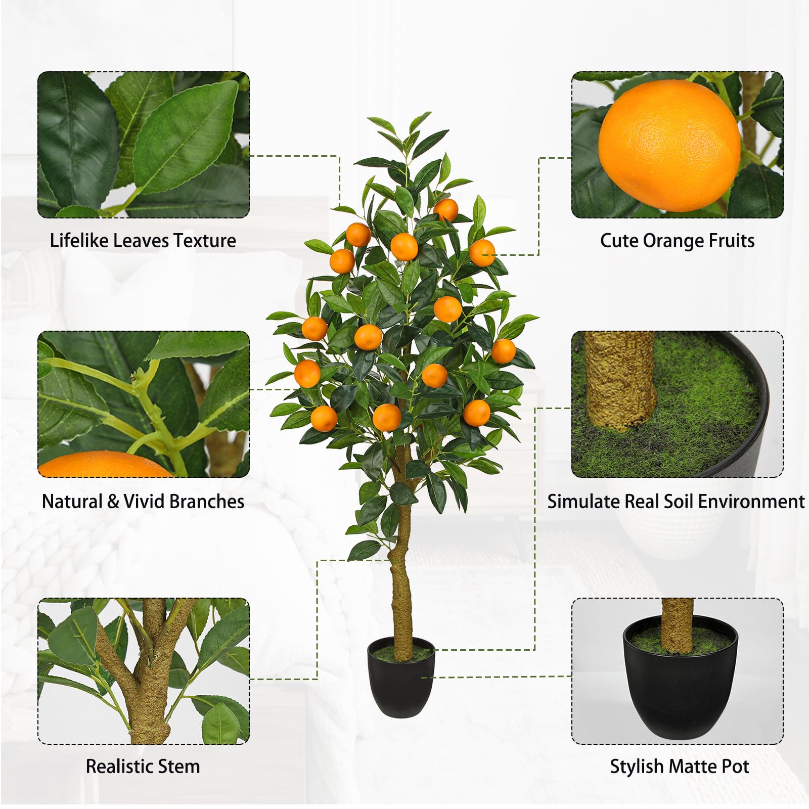 120cm Kunstpflanzen Groß Orangenbaum Kunstpflanze Orangenbaum Groß im Topf Künstlicher Baum für drinnen und draußen, Moderne Dekoration, Dekoration Badezimmer Wohnzimmer Schlafzimmer Balkon