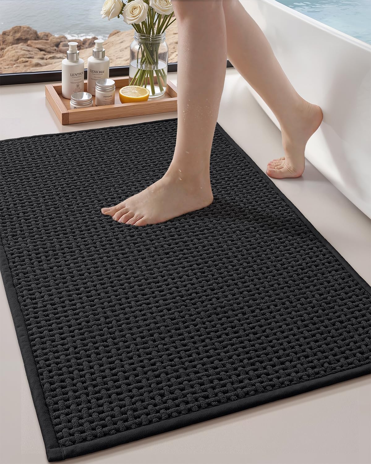 Color&Geometry Rubber Backed Waffle Bath Mat 36x24, Non Slip Machine Washable Bathroom Rugs, Soft Absorbent Chenille Boho Carpet for Bathroom Floor,