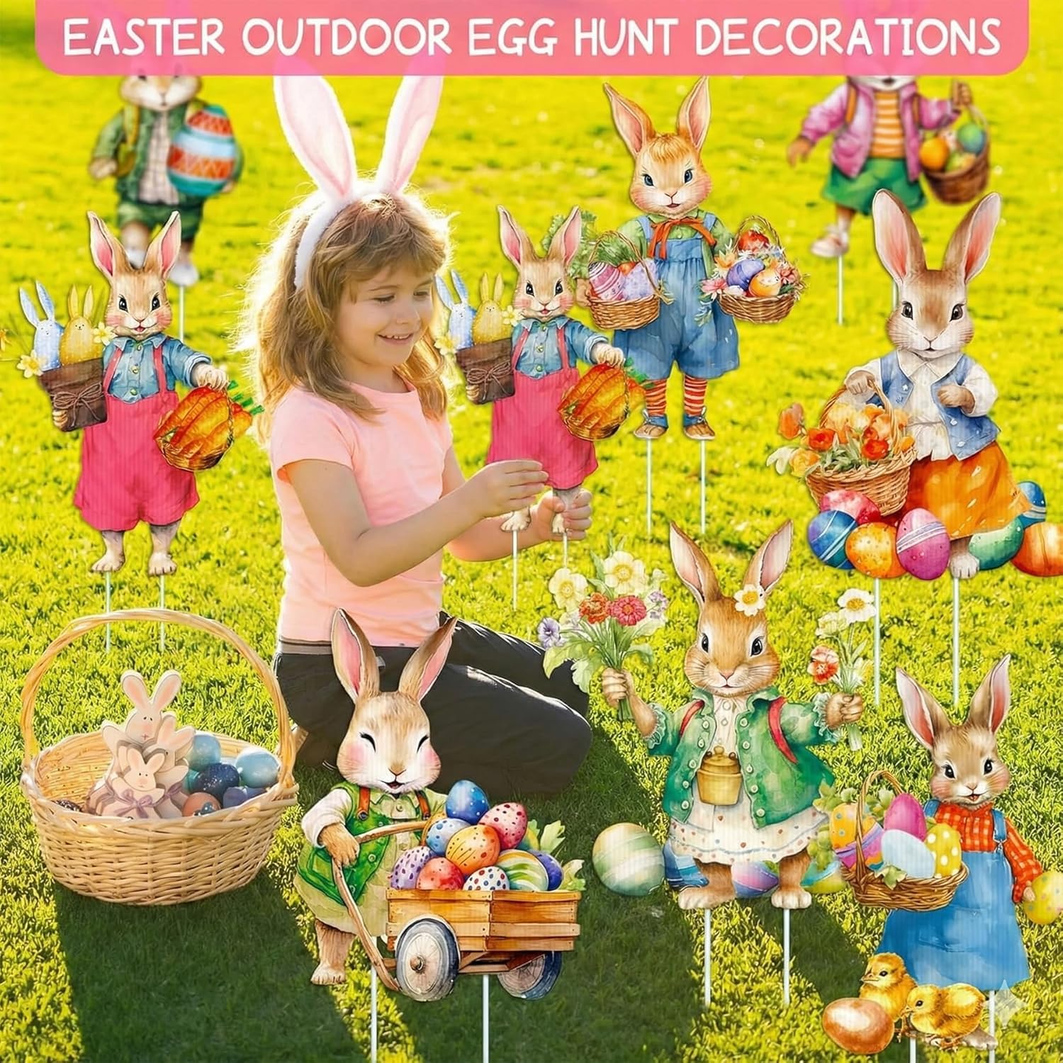 Decoración Pascua Jardín Exterior 8 Piezas Conejos de Pascua con Estacas, Decoración Primavera para Césped Patio Terraza, Adornos Pascua Exterior para Niños, Fiesta Easter Egg Hunt