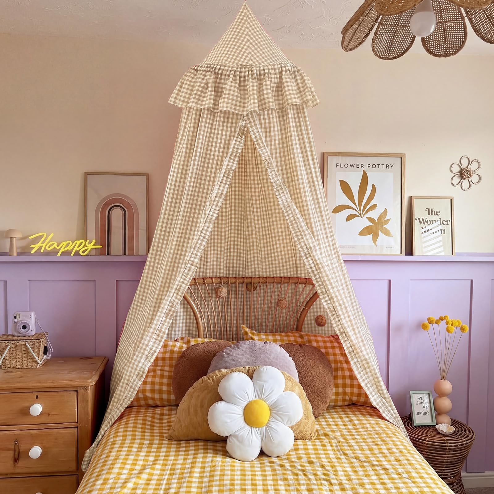 SmoothNovelty Gingham Plaid Bed Canopy with Ruffles Soft Vintage Style Decorative Tent for Reading Nook Play Area or Adult Bedroom Circus Tent Canopy(Beige) — view 8