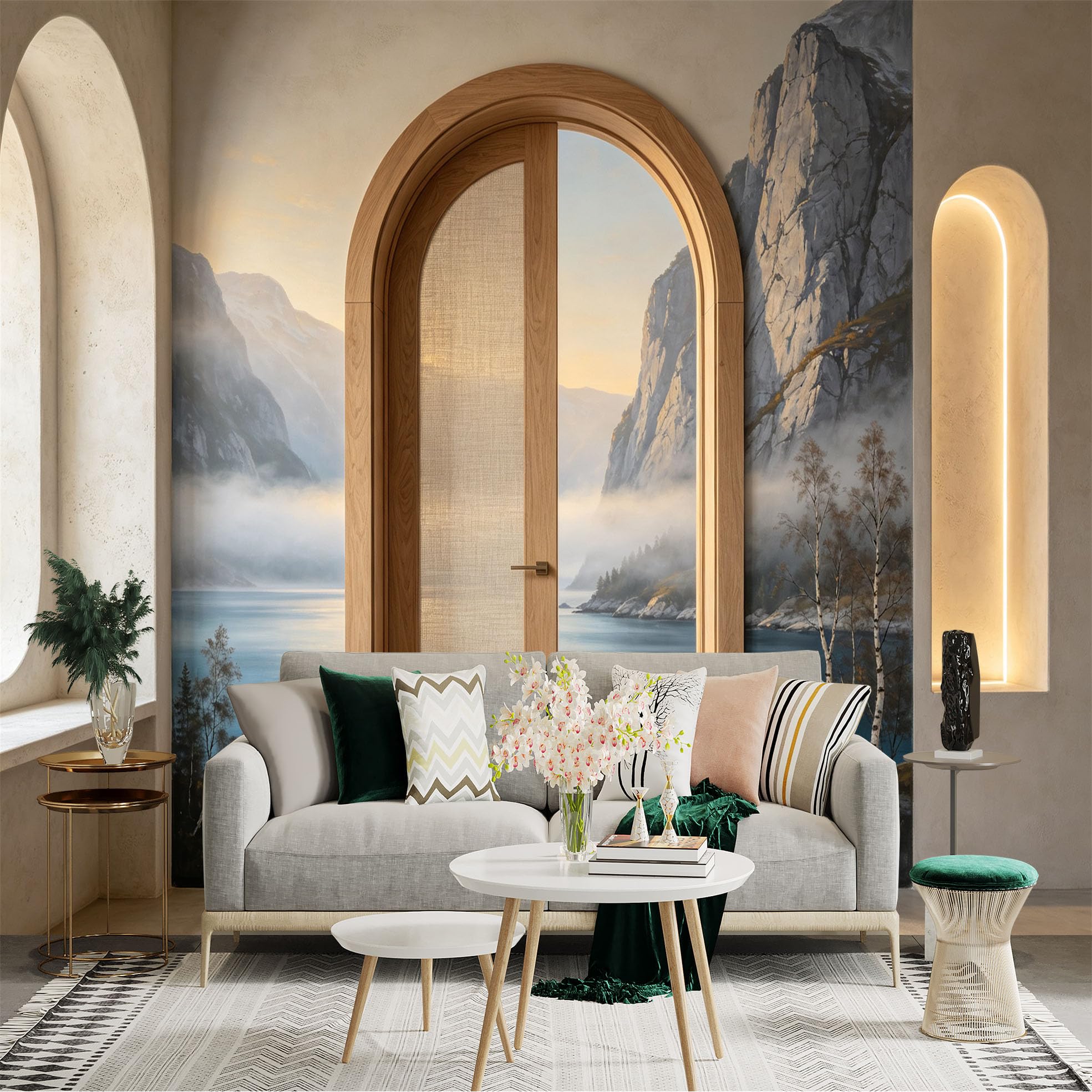 Custom Size Wall Sticker Mural， Misty Mountain Lake Fjord Landscape， Scenic Cliff View， Nordic Nature Style， for wall Decoration， peelandstick wall Decals.