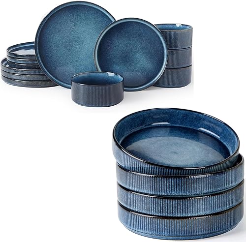 Famiware Juego de vajilla de estrella con platos y cuencos, servicio para 4 (16 piezas), platos de cocina de cerámica, color azul nebulosas