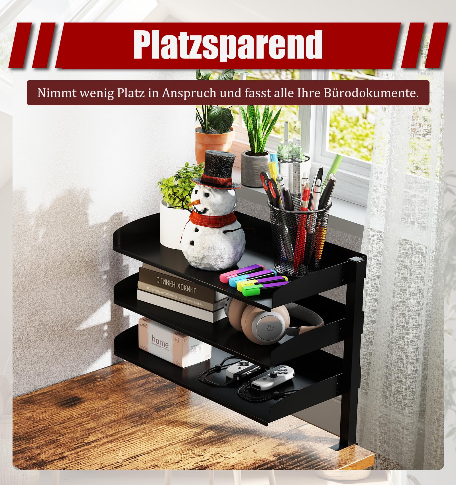 uyoyous Klemmbares Schreibtisch Organizer Regal 3 Tier Einstellbar Büro Organizer Kohlenstoffstahl Schreibtisch Erweiterung Klemmregal Schreibtischregal Tischregal für Büro, Home, Schule (44×22×39cm)