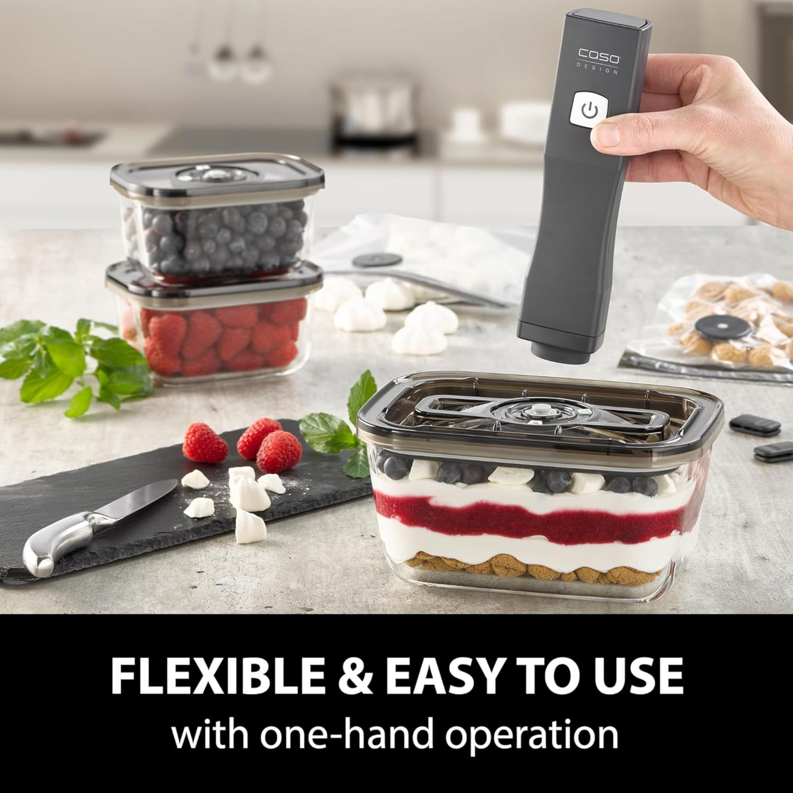 CASO Vacu OneTouch Eco-Set - Aspirador manual al vacío de Alimentos incluye 3 recipientes de vidrio y 10 bolsas ZIP - con hasta 150 minutos de autonomía - Envasadora al vacío doméstica - negro