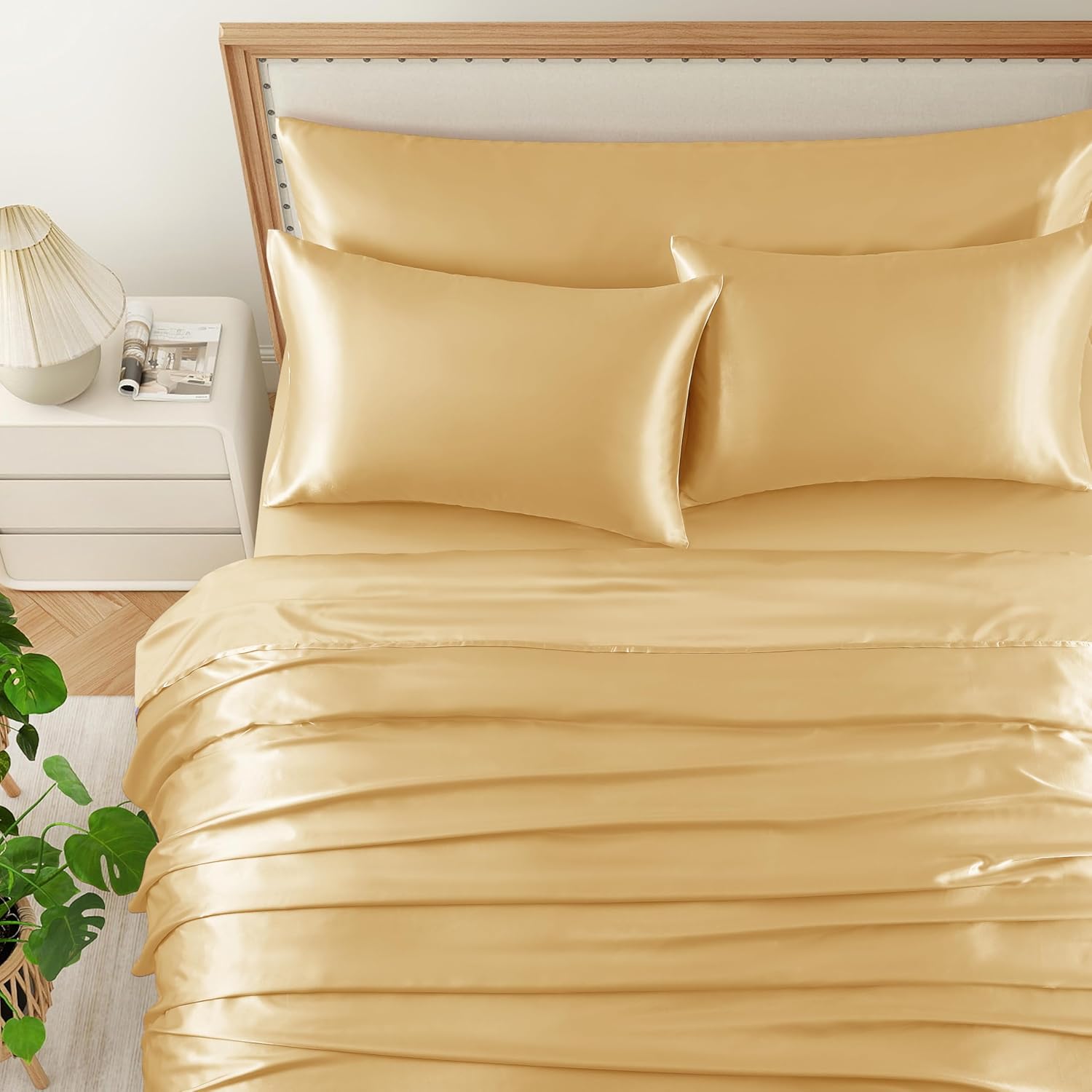 5Pcs Gold Silky Satin Sheets Full Size Set,Comforter Satin Bedding Sheets with 1 Flat Sheet,1Deep Pocket Fitted Sheet,3 Pillowcases with Envelope Closure image 5