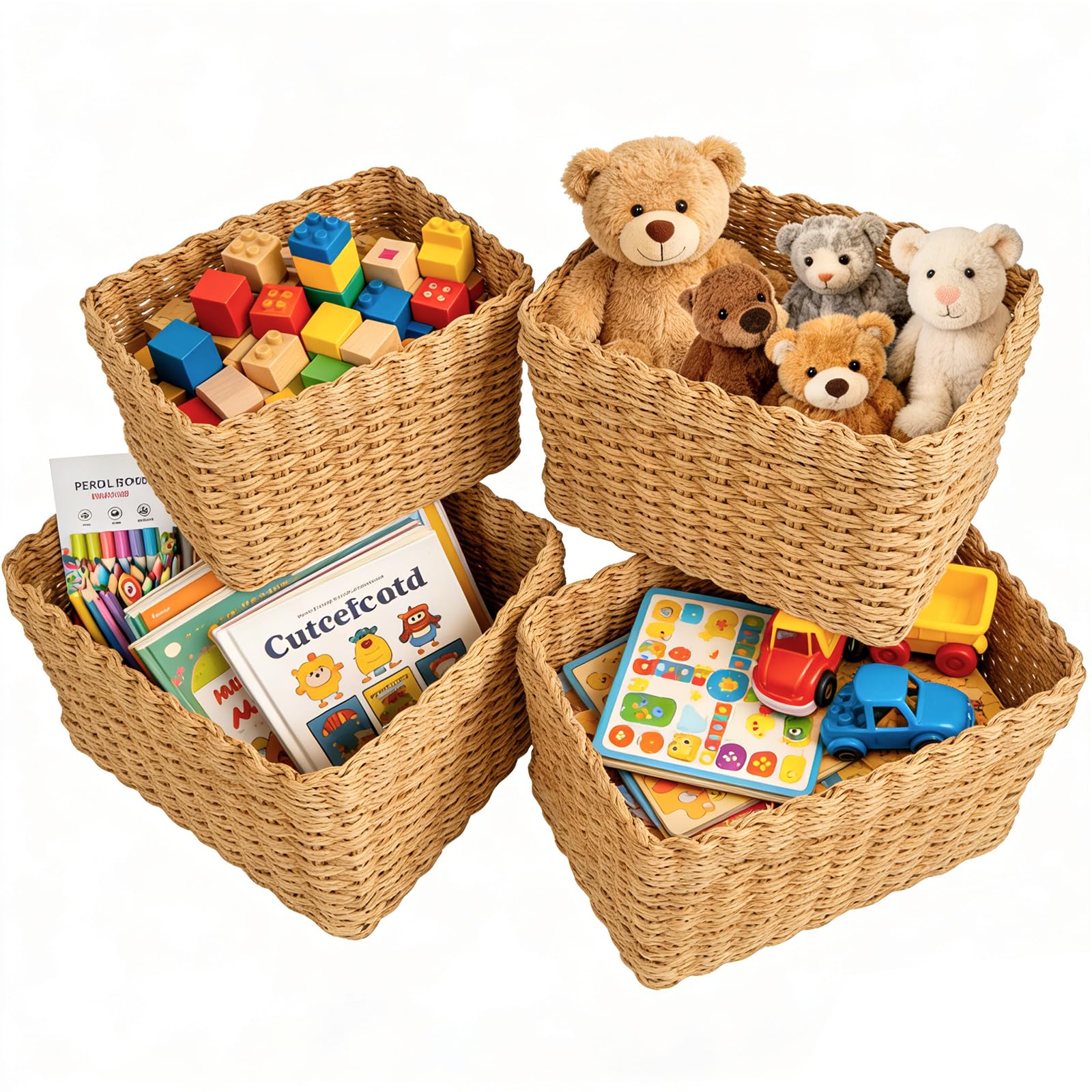 Panier Rangement, Lot de 4 Paniers de Rangement Tressés, Corbeilles Empilables Paniers et Boîtes de Rangements, pour Jouets, CD, Cosmétique, Langes Coton Bébé, Câble de Charge, Décor Maison