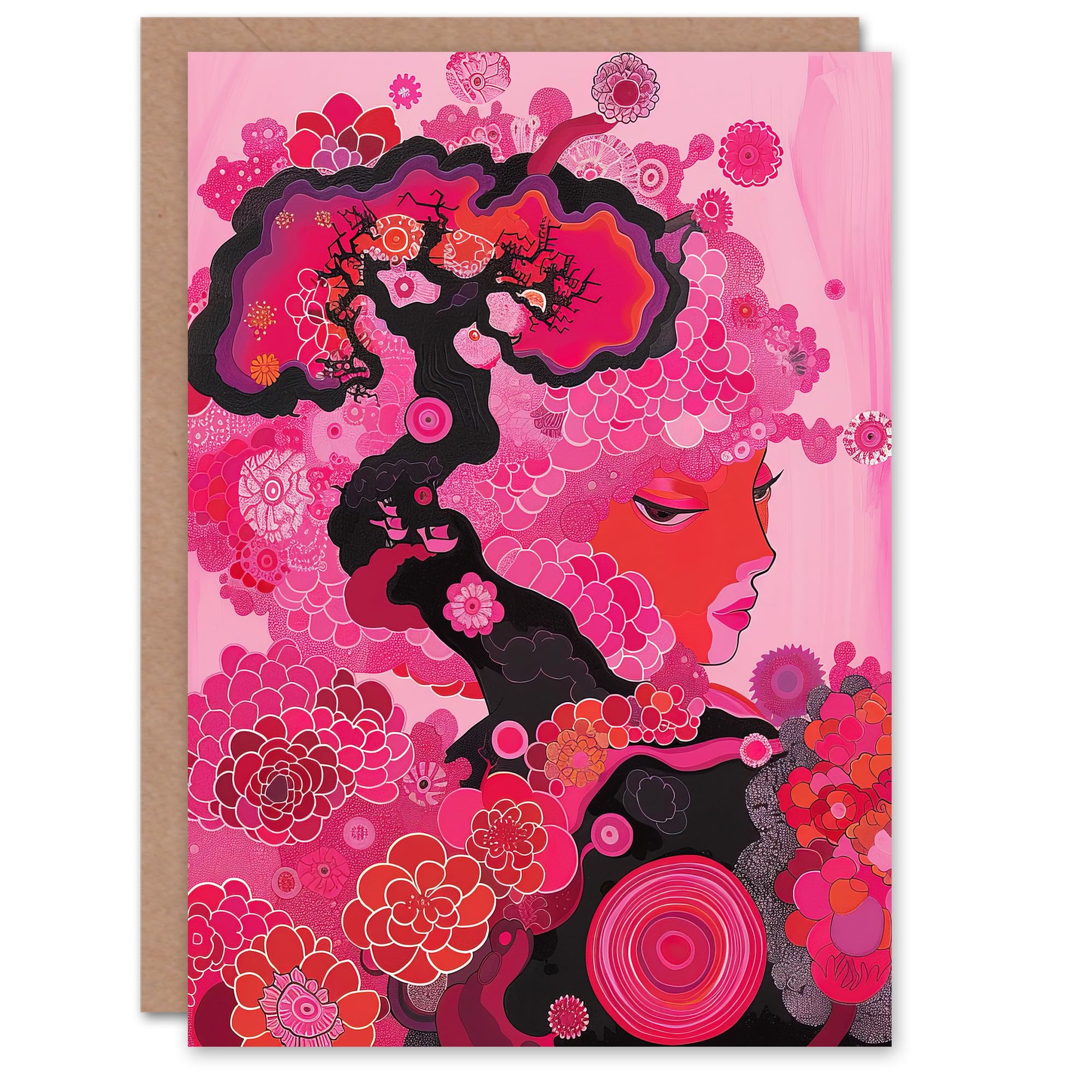 Artery8 Greeting Card Gaia Hot Pink Conceptual Folk Floral Painting For Her Woman Birthday Card