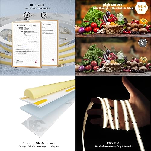 Miniatura 7 de PAUTIX COB - Tira de luces LED direccionables de 2700 K-6500 K, luz blanca CCT, cinta inteligente IC sintonizable, 16.4 pies, regulable, control de