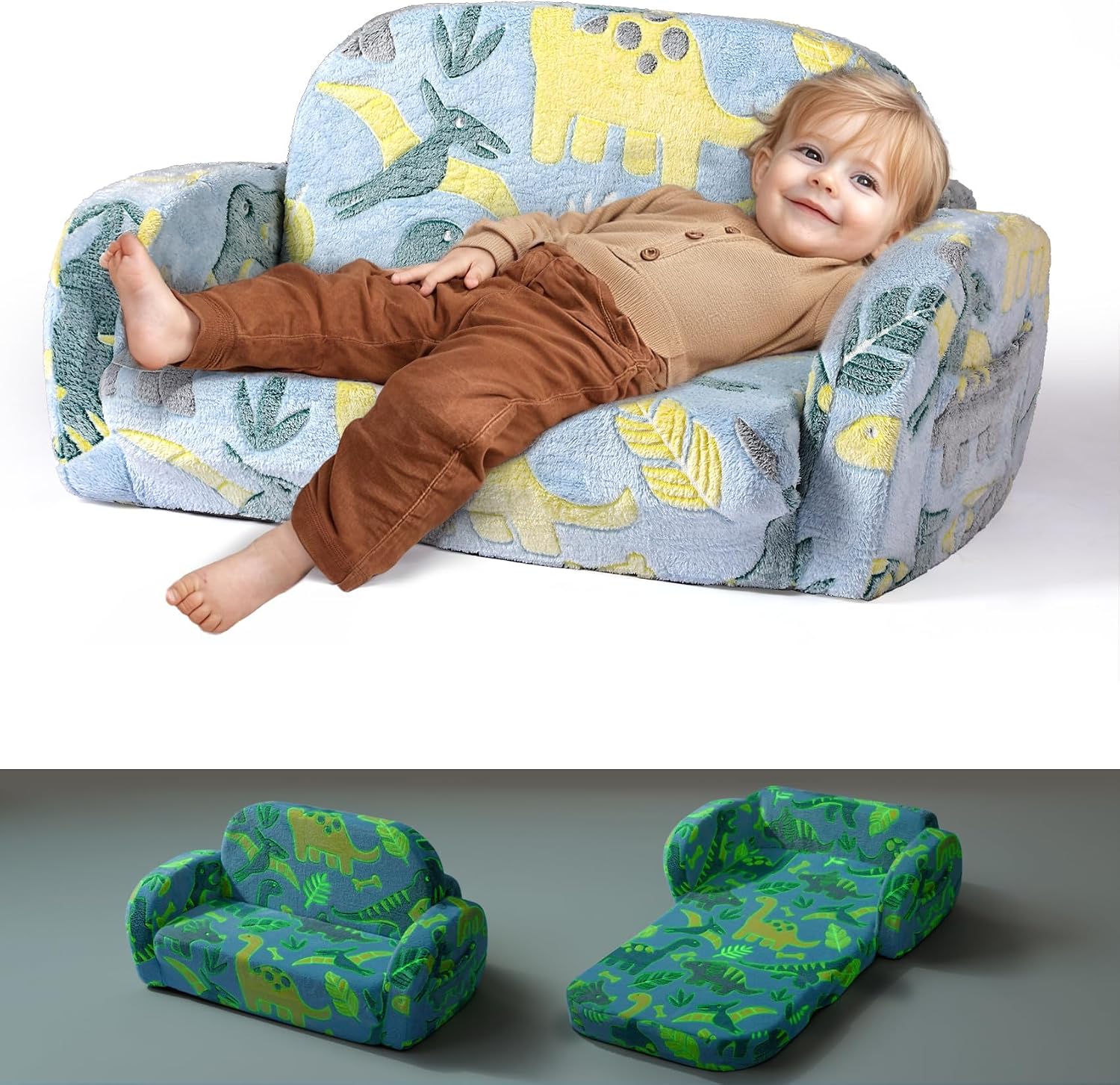 little dove 2-in-1 Toddler Couch, Glow in the Dark Kid Chair, Extra Wide Toddler Sofa, Comfy Kids Chair, Convertible Flannel Couch to Lounger, Dinosaur