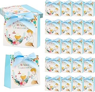 BORISCA 22pcs Azul Bolsa Regalo Comunion Niño Detalles Comunion para Niños para los Invitados Bolsas Cajas Regalo con Cinta Azul de Comunión que se Puede Rellenar para Velas o Galletas de Chocolate