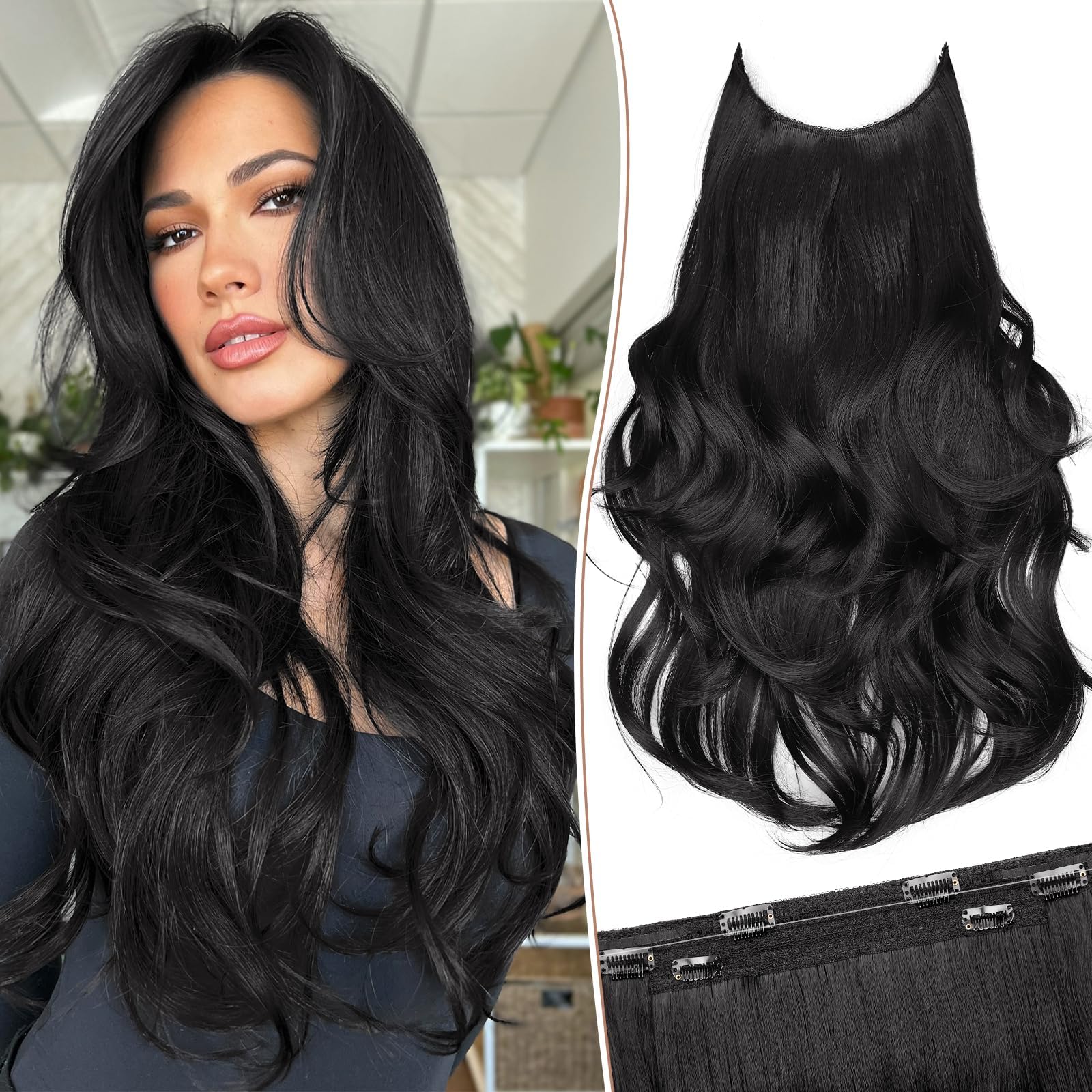 Invisible Wire Hair Extensions Long Wavy Layered Synthetic Hair Extensions with Transparent Wire Adjustable Size 6 Secure Clips Black Hairpieces for Women 20 Inch