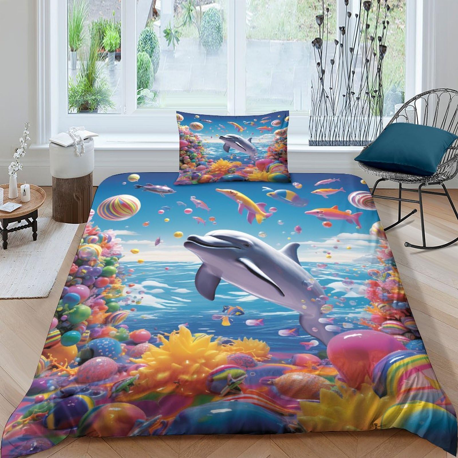 Funda nórdica de microfibra 3D de delfines para cama de 135x200 con juego de sábanas tres piezas