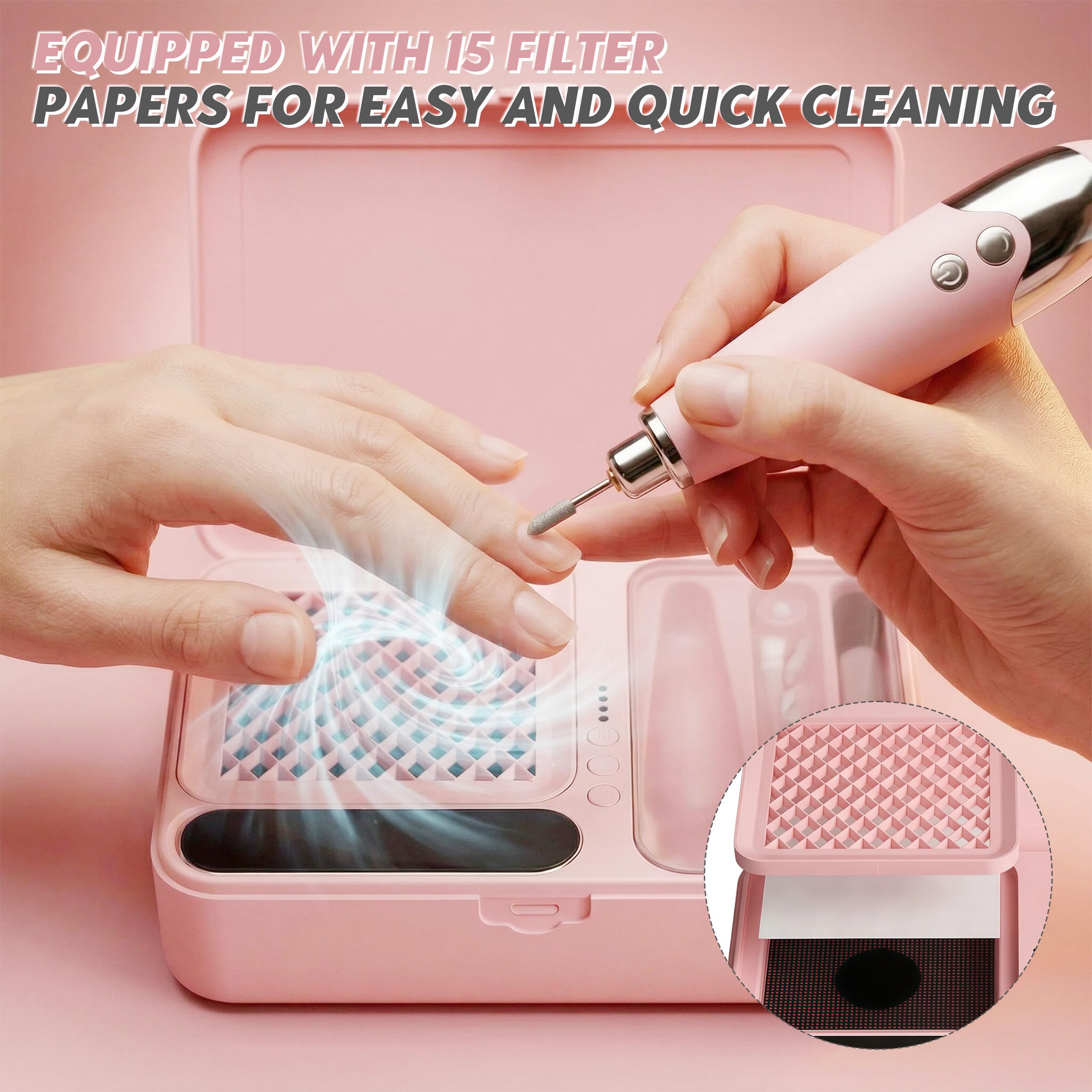 Lima Eléctrica para Uñas con Aspiración de Polvo Integrada, Fresador Inalámbrico con 4 Niveles de Succión, Set de Manicura con 13 Cabezales Recargable USB-C para Uso Doméstico
