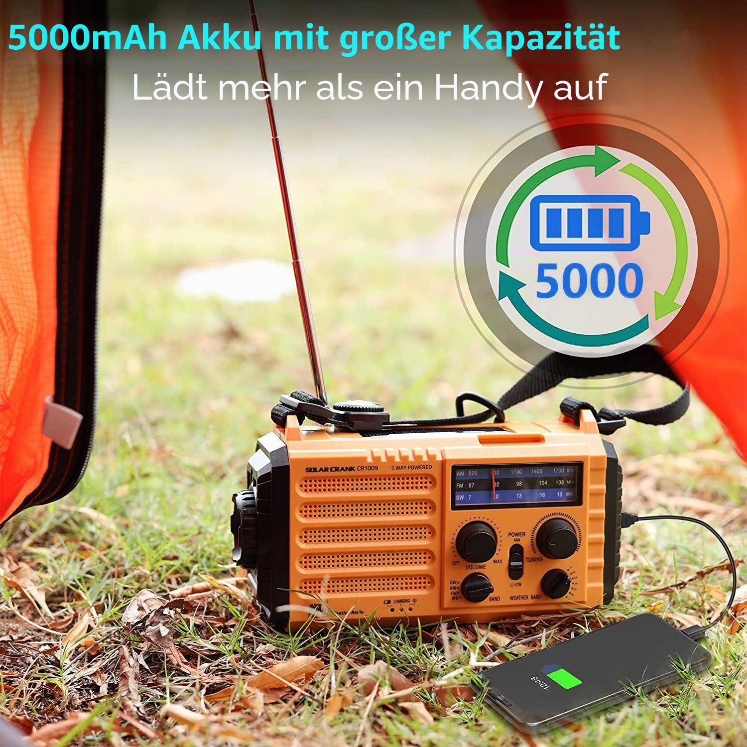 Tragbare Solar Radio, Notfall Radio mit Kurbel, Dynamo Wetter AM/FM/SW Radio, 5000mAh Wiederaufladbare Powerbank, Typ C Anschluss, LED Taschenlampe&Leseleuchte, SOS Alarm, Kompass für Camping Outdoor