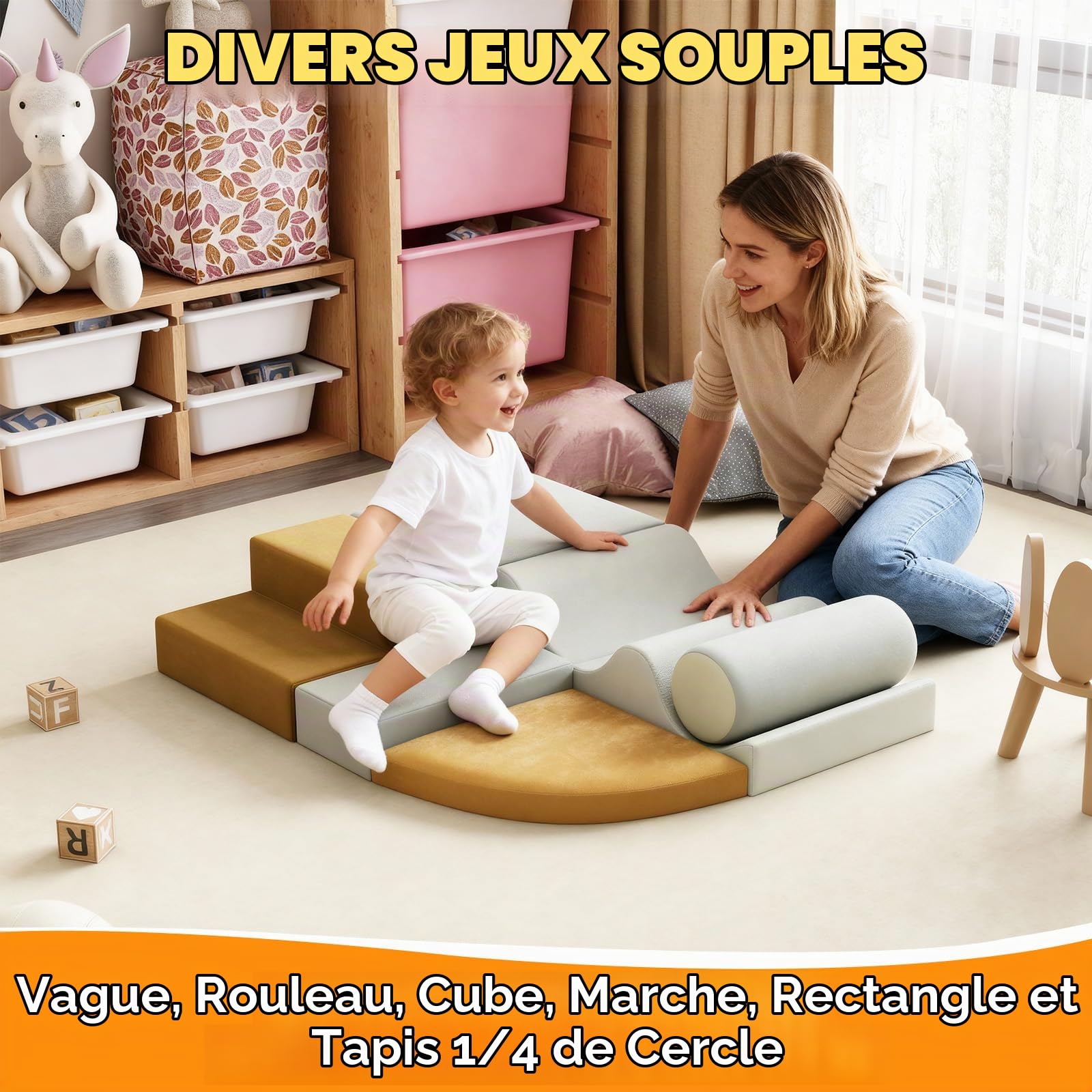 Parcours Motricité Bébé 6 Pièces, Module De Motricité En Mousse Souple, Blocs d'Escalade Lavables, Jeu d'Intérieur Pliable Pour Maison Et Crèche, Développement Motricité Globale, 100x80x20 cm
