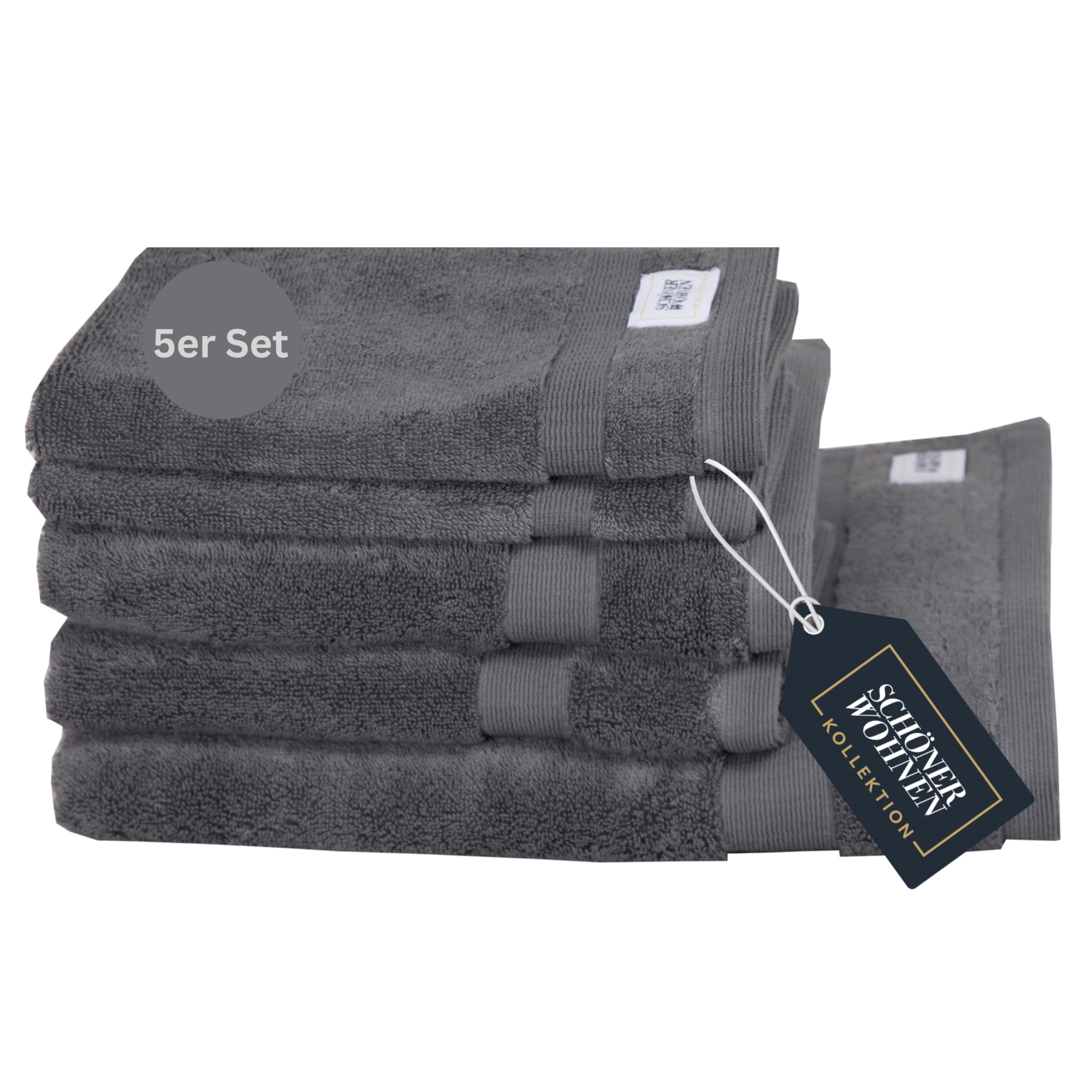 SCHÖNER WOHNEN Frottee Handtücher Set Anthrazit 5teilig - 100% Baumwolle - Handtuch Set flauschig weich - saugstark - besteht aus 1 Duschtuch + 2 Handtücher + 2 Gästetücher - Frottier Öko-Tex