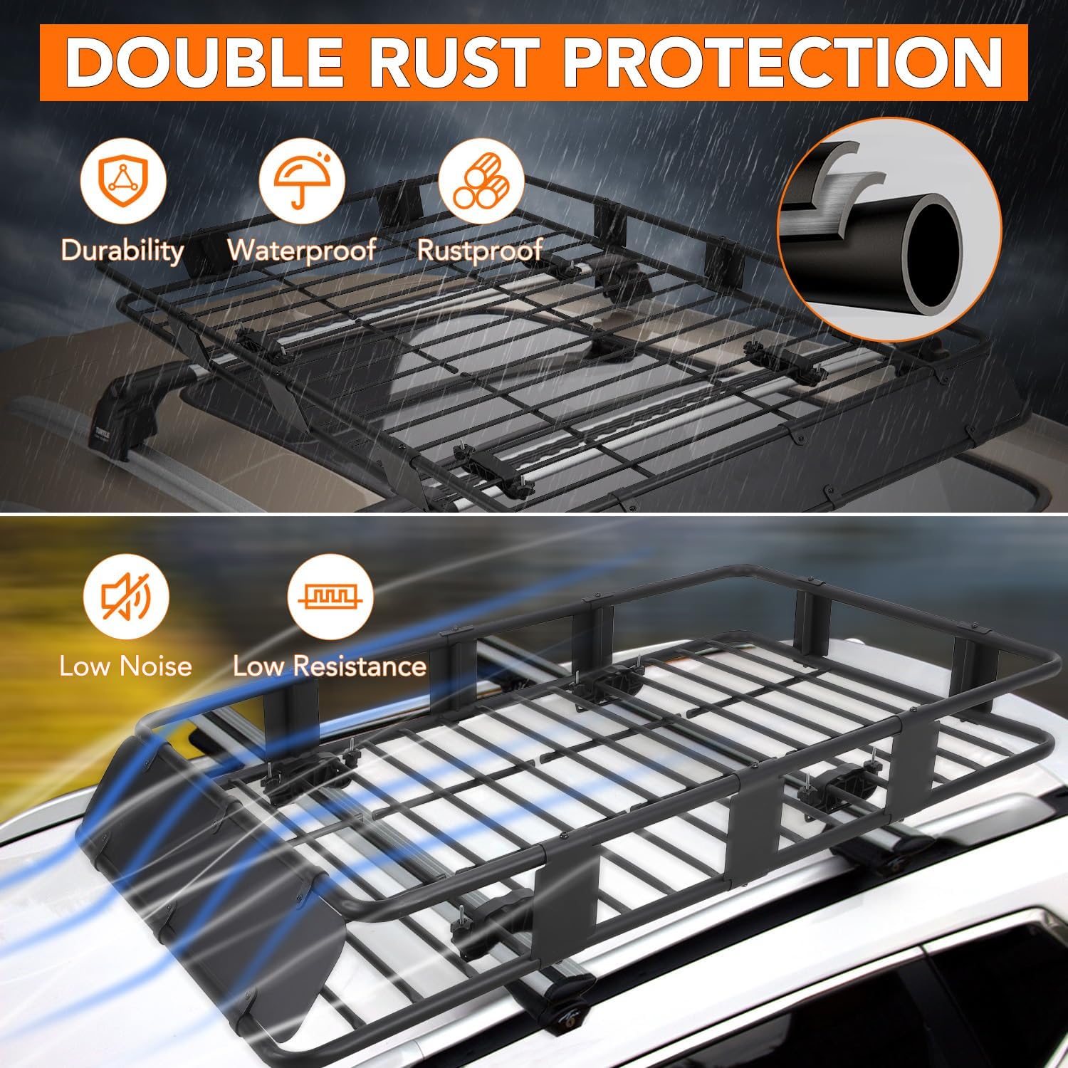 Roof Rack Basket Universal Rooftop - 200Lb Capacity, Large Size Adjustable Vehicle Cargo Baskets (64”x39”x6”)+Lockable Waterproof Cargo Bag (52”x39”x15”), and Cargo Net with Ratchet Straps