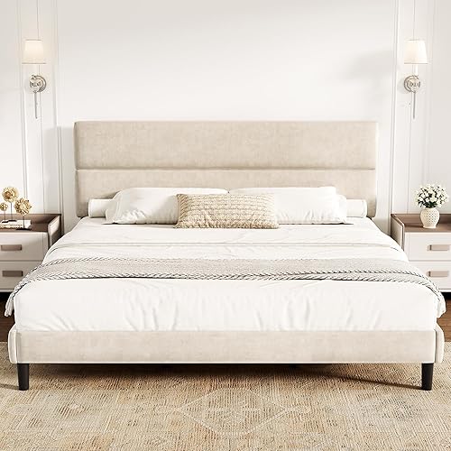 Miniatura 10 de Base de cama de plataforma tamaño Queen con cabecera de terciopelo, soporte de listones de madera de altura ajustable, base de colchón tapizada, se