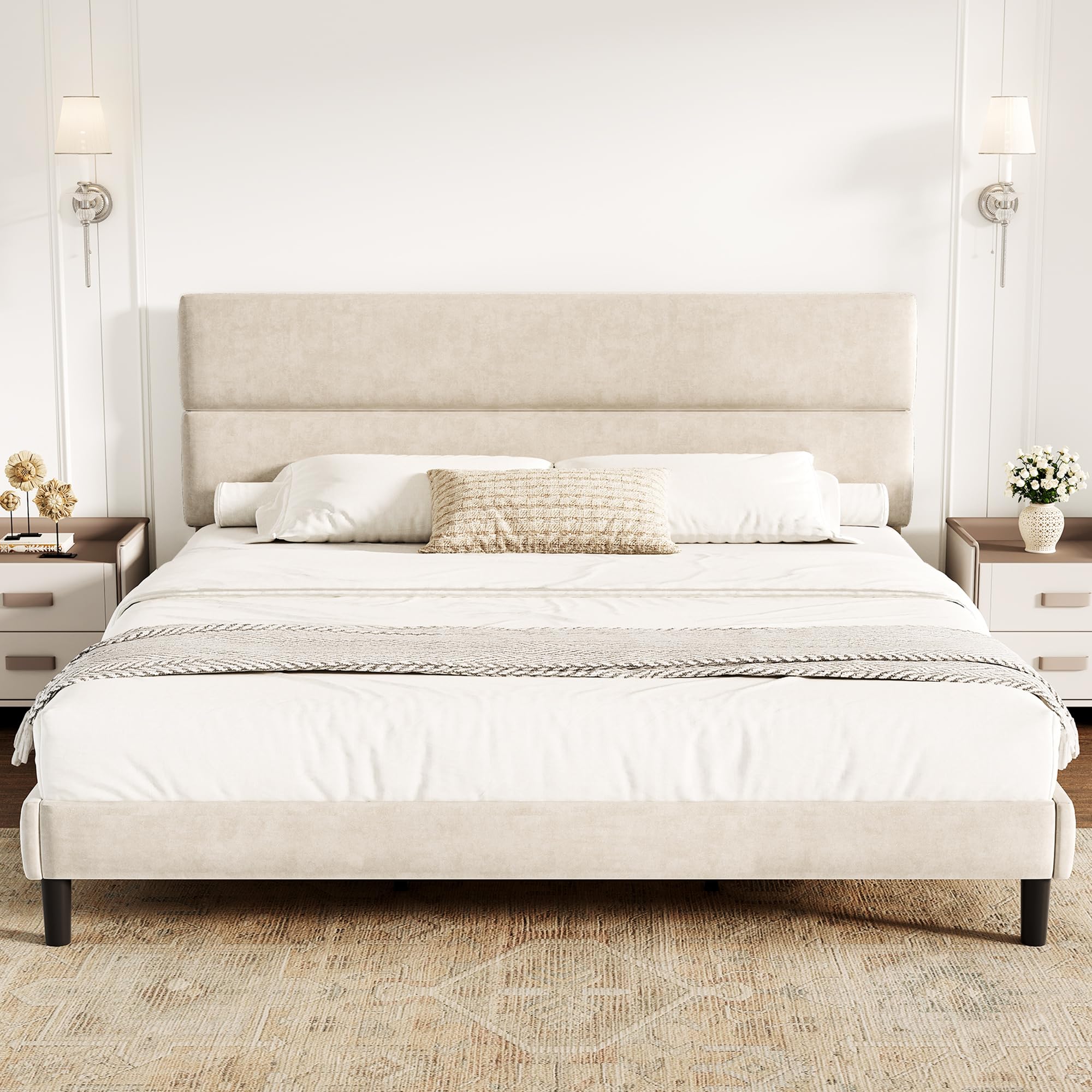 King Size Platform Bed Frame with Velvet Headboard Adjustable Height Wooden Slats Support Upholstered Mattress Foundation Fits Mattress