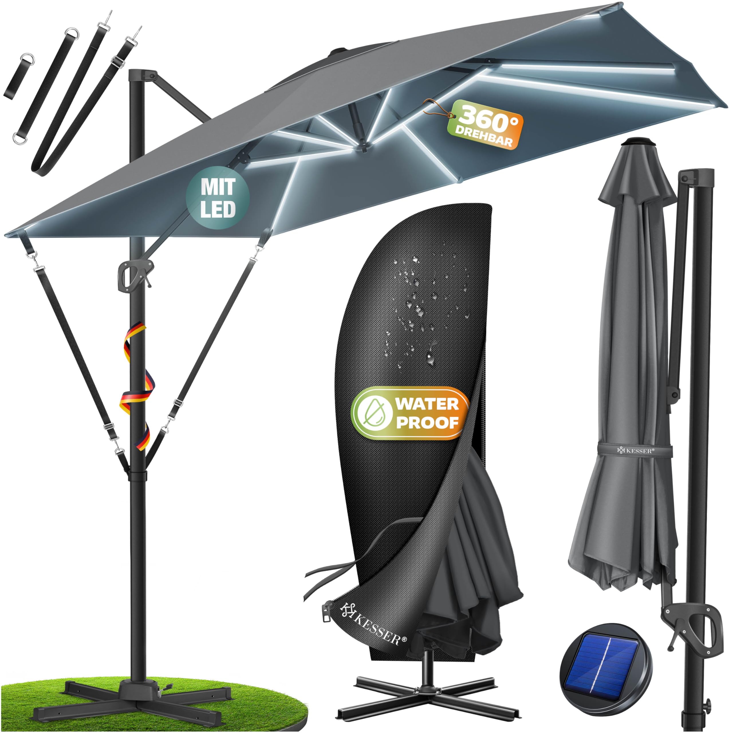 KESSER® Sonnenschirm Ampelschirm SUN XL 300 x 300 cm Inkl. Abdeckung + Windsicherung Drehbar Neigbar Kippbar Marktschirm Groß 360° Rotation, Gartenschirm mit Kurbel Sonnenschutz UV50+, Anthrazit