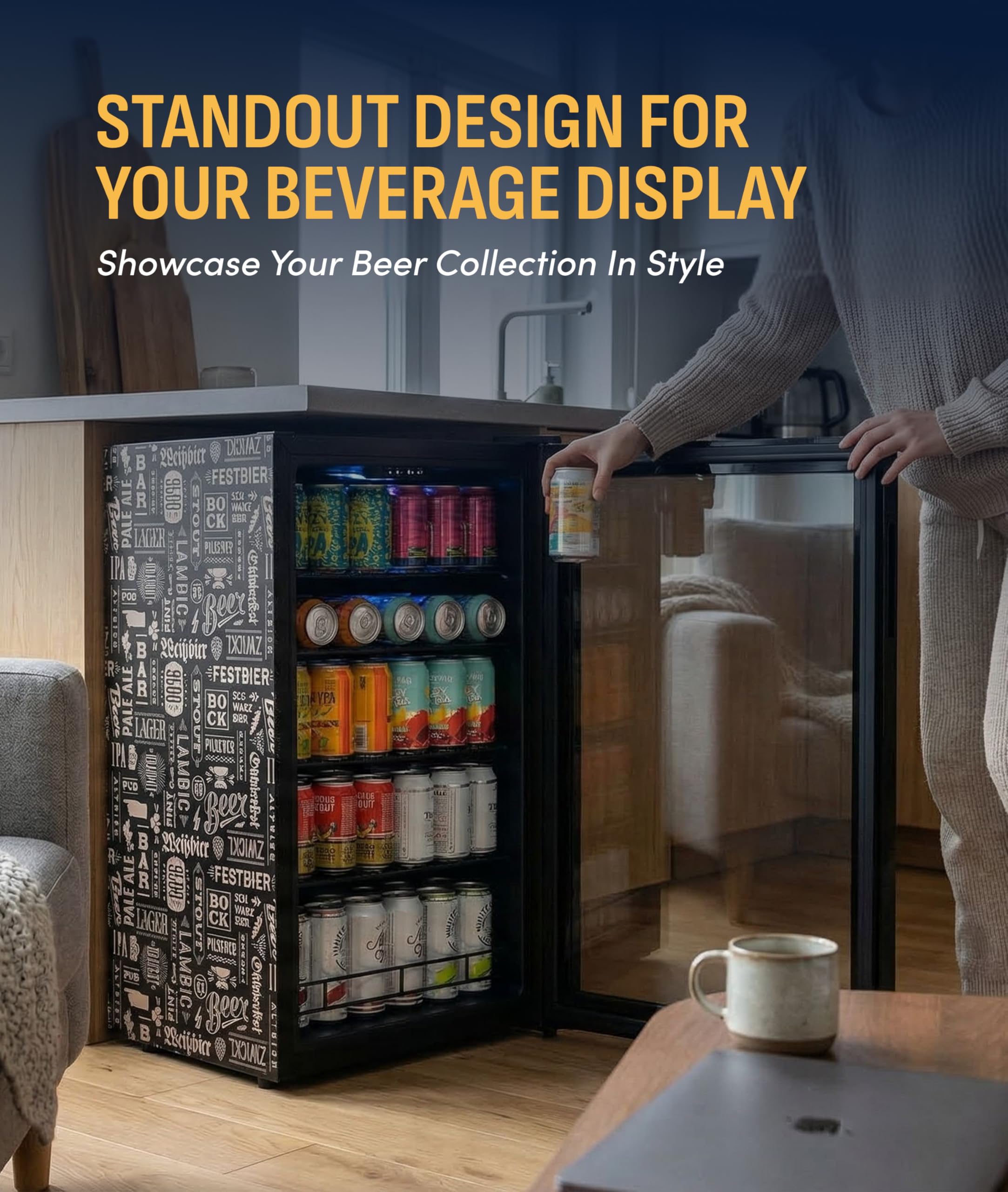NewAir 126 Can Beverage Refrigerator | Freestanding Mini Fridge For Home Bar Or Office | Splitshelf Storage, 32°F Cooling & LED Lighting | “Beers Of The World” Design on Fridge.com - View 2