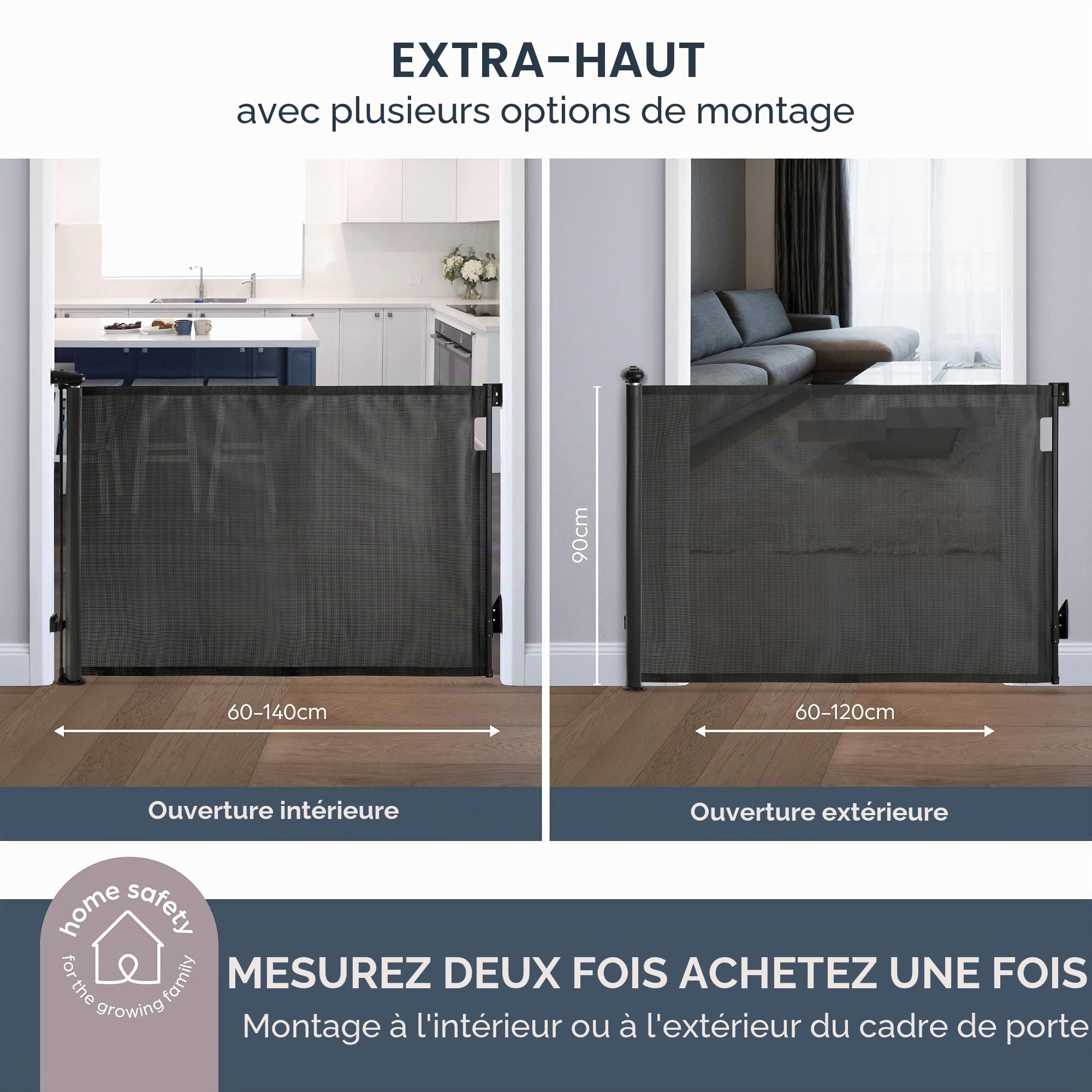 Dreambaby Barrière de sécurité escamotable pour bébé et Chien, barrière de sécurité en Maille Extra Large pour bébé jusqu'à 140 cm, Hauteur 90 cm, 2 indicateurs de Verrouillage EZY-Check, Montage sur