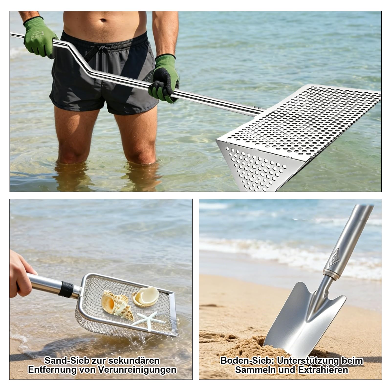 Colador de arena para playa de acero inoxidable con mango largo extraíble | Cubo plegable, pala y red, juego de rastrillo de arena para playa, pesca, camping y exterior