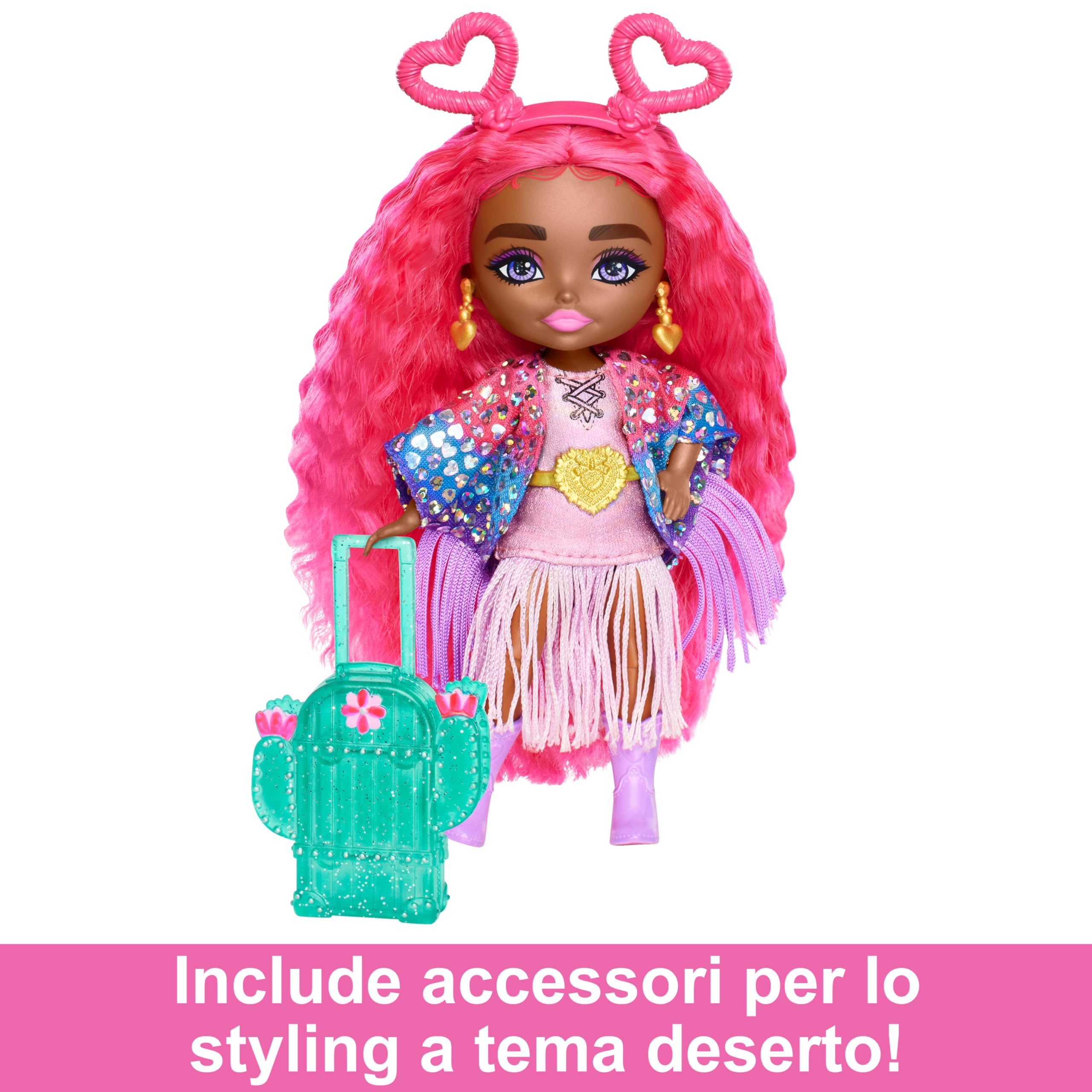 Barbie - Extra Minis Fly, Mini Bambola viaggiatrice Alta 14 cm con Look a Tema Deserto, Outfit alla Moda Rifinito con Frange e Accessori Inclusi, Giocattolo per Bambini, 3+ Anni, HPB19