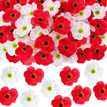 Set of 60 Red, White Poppy Artificial Flowers Silk Fake Poppies