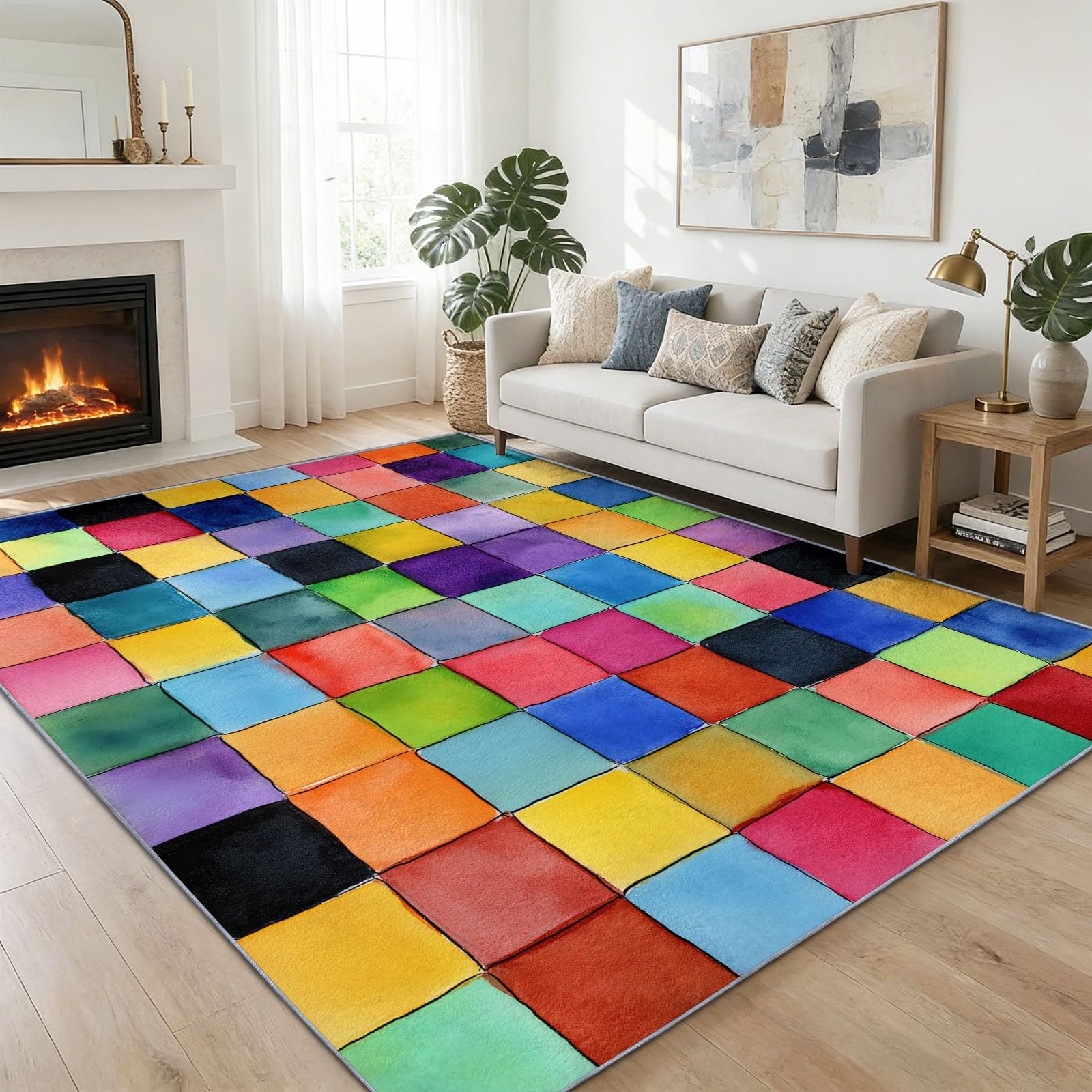 Dywan do salonu 120 x 170 cm kolorowe klocki geometryczne, obraz akwarelowy miękki i antypoślizgowy dywan do sypialni - wewnętrzny dywan z krótkim włosiem do salonu pokój dziecięcy biuro
