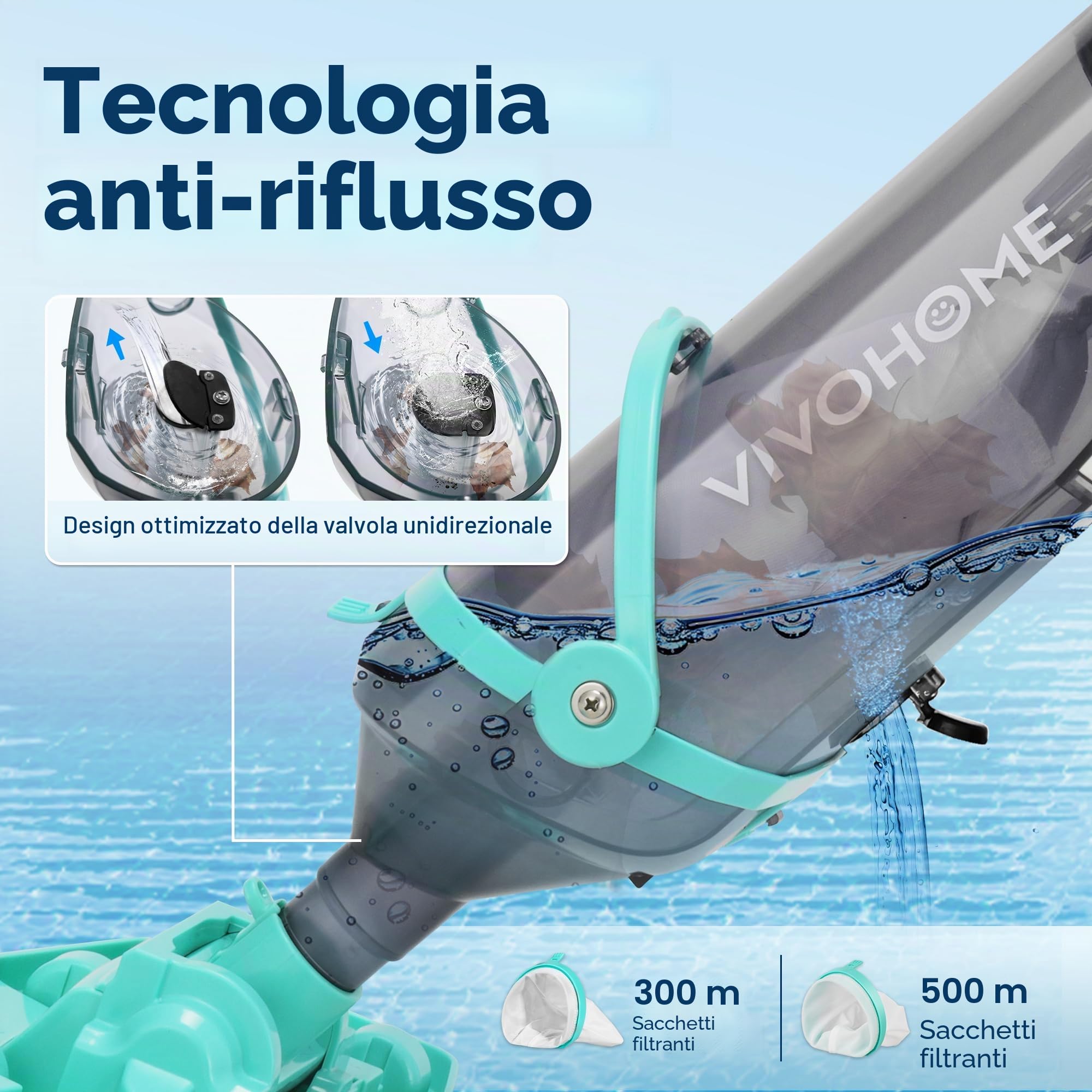 VIVOHOME Aspirapolvere per Piscina Senza Fili con Aste Telescopiche 278cm Aspirazione 18,5 GPM Autonomia 60 Minuti Pulitore Portatile Ricaricabile con Indicatore di Batteria per Piscine