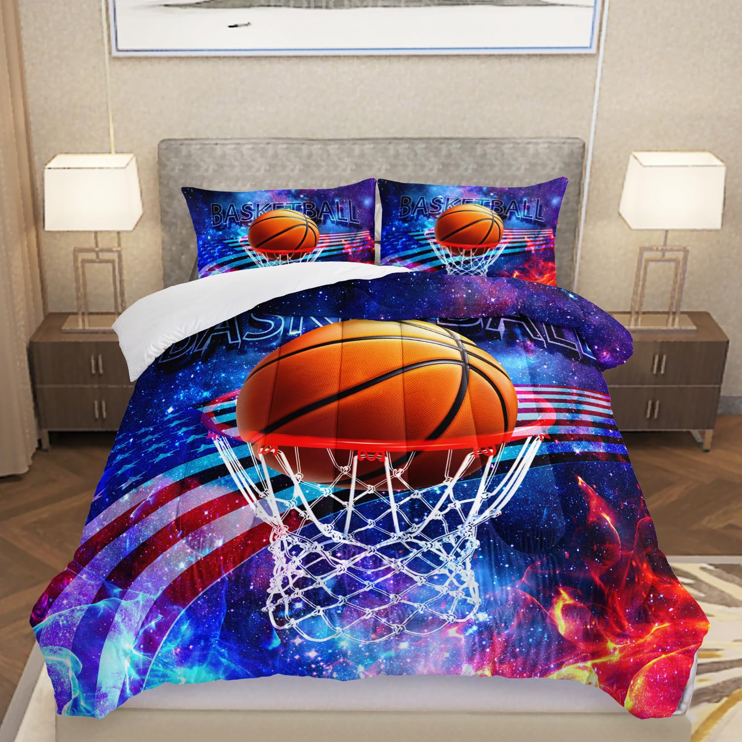 AILONEN 3D Basketball Comforter Set Queen Size, Fire Galaxy Soccer Ball Boys Bedding Set,American Flag Bed in a Bag,Basketball Frames Duvet Set,1 Quilt and 2 Pillowcases,3 PCS,Soft Microfiber