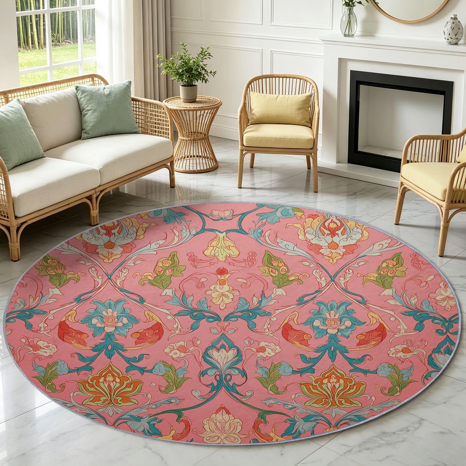 Tappeto rotondo lavabile, 90 cm, vintage, floreale, morbido, cerchio, stampato, ramo di vite, a pelo corto, antiscivolo, per ingresso, soggiorno, camera da letto, accanto al divano e all'ufficio (rosa