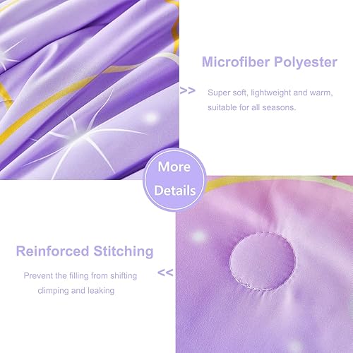 Miniatura 9 de PERFEMET Juego de edredón tamaño individual de sirena morada para niñas, 6 piezas de colores arcoíris individual, juego de edredón de teñido anudado
