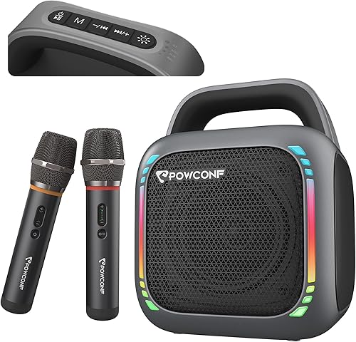 POWCONF Máquina de karaoke con dos micrófonos inalámbricos, altavoz Bluetooth portátil con sistema PA para adultos y niños, altavoz de alta