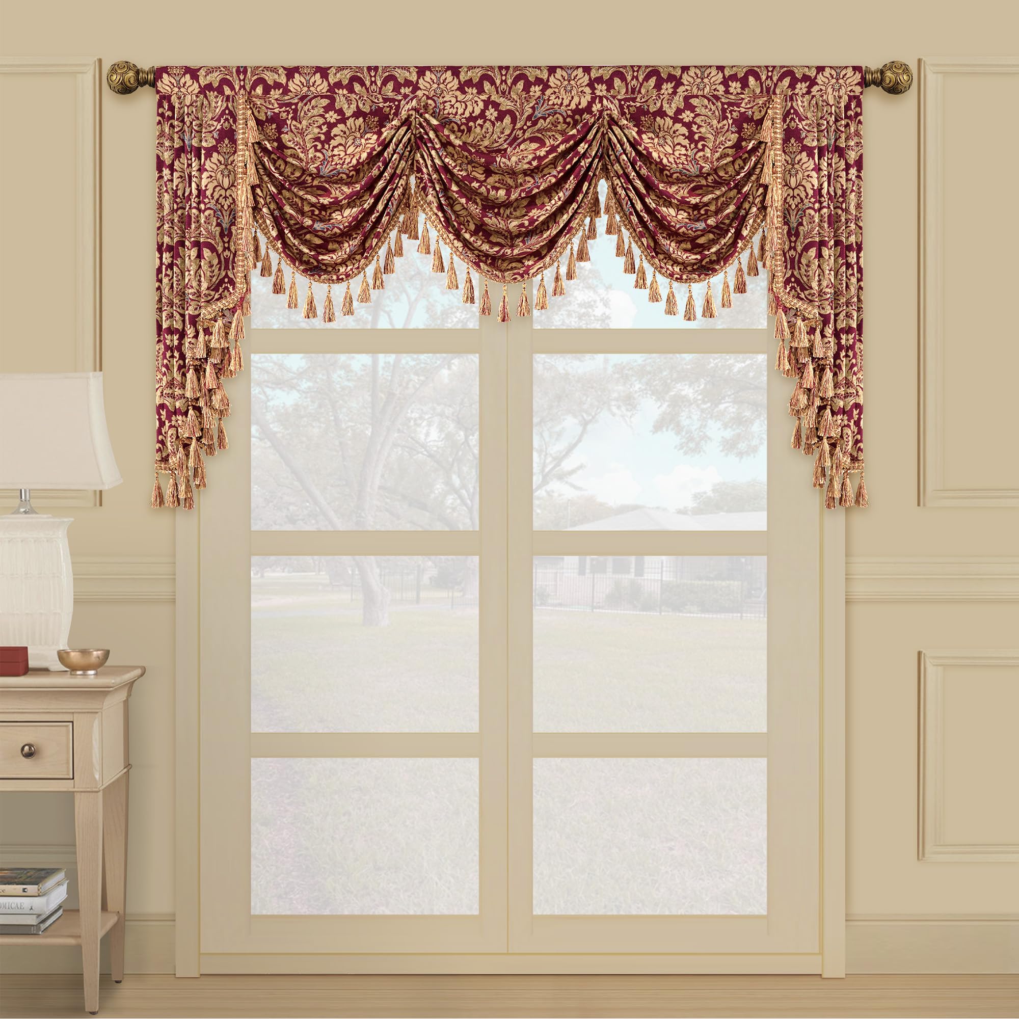 Rideaux Cantonnière Cascade pour Fenêtres, Cantonnière Damassés à Franges, Rideaux Courts pour Chambre Salon Cuisine Café (Largeur 200cm, Rouge & Jaune)