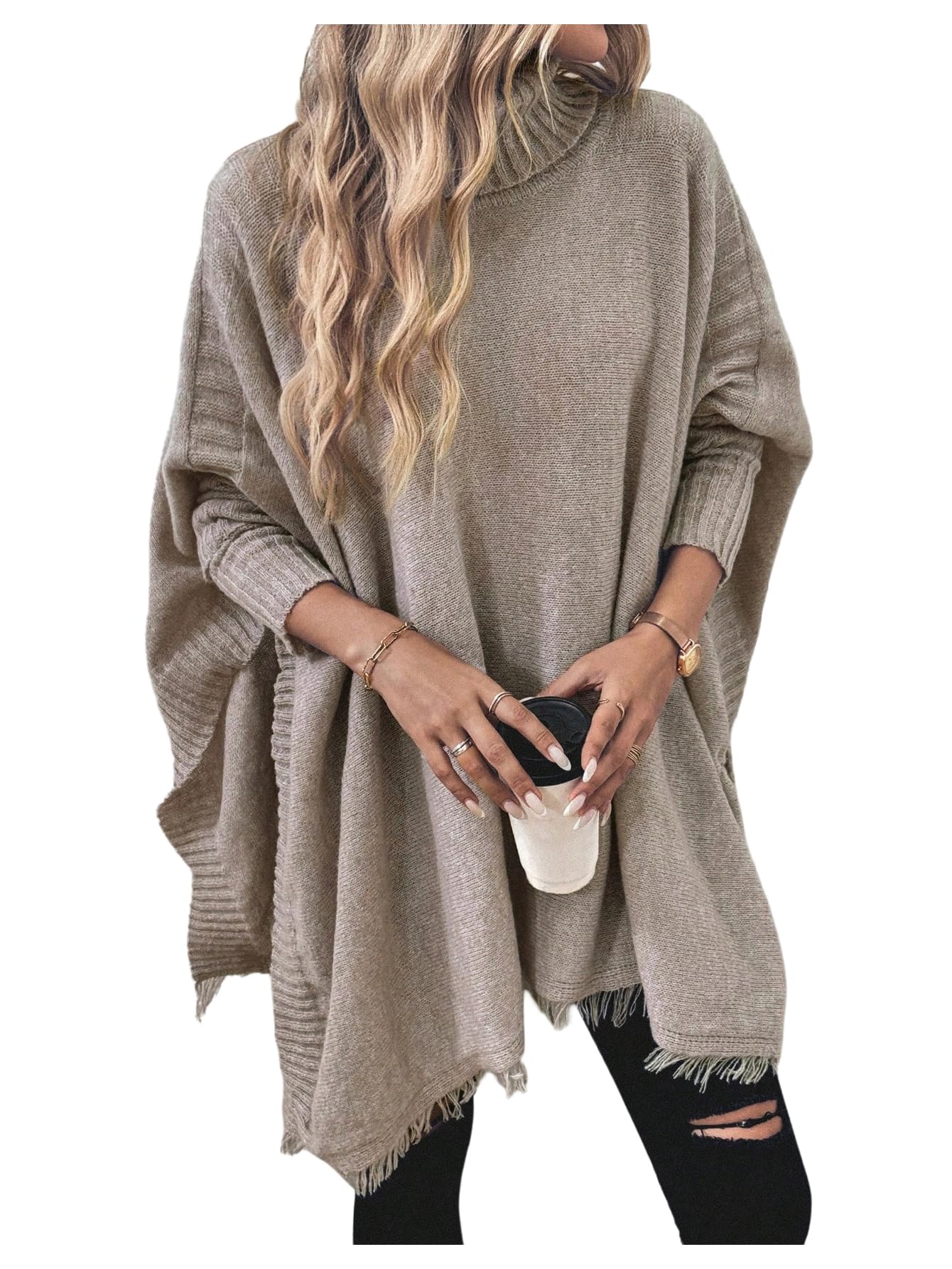 MakeMeChic Womens Poncho Sweater Long Sleeve High Neck Distressed Hem Fall Pullover Tops