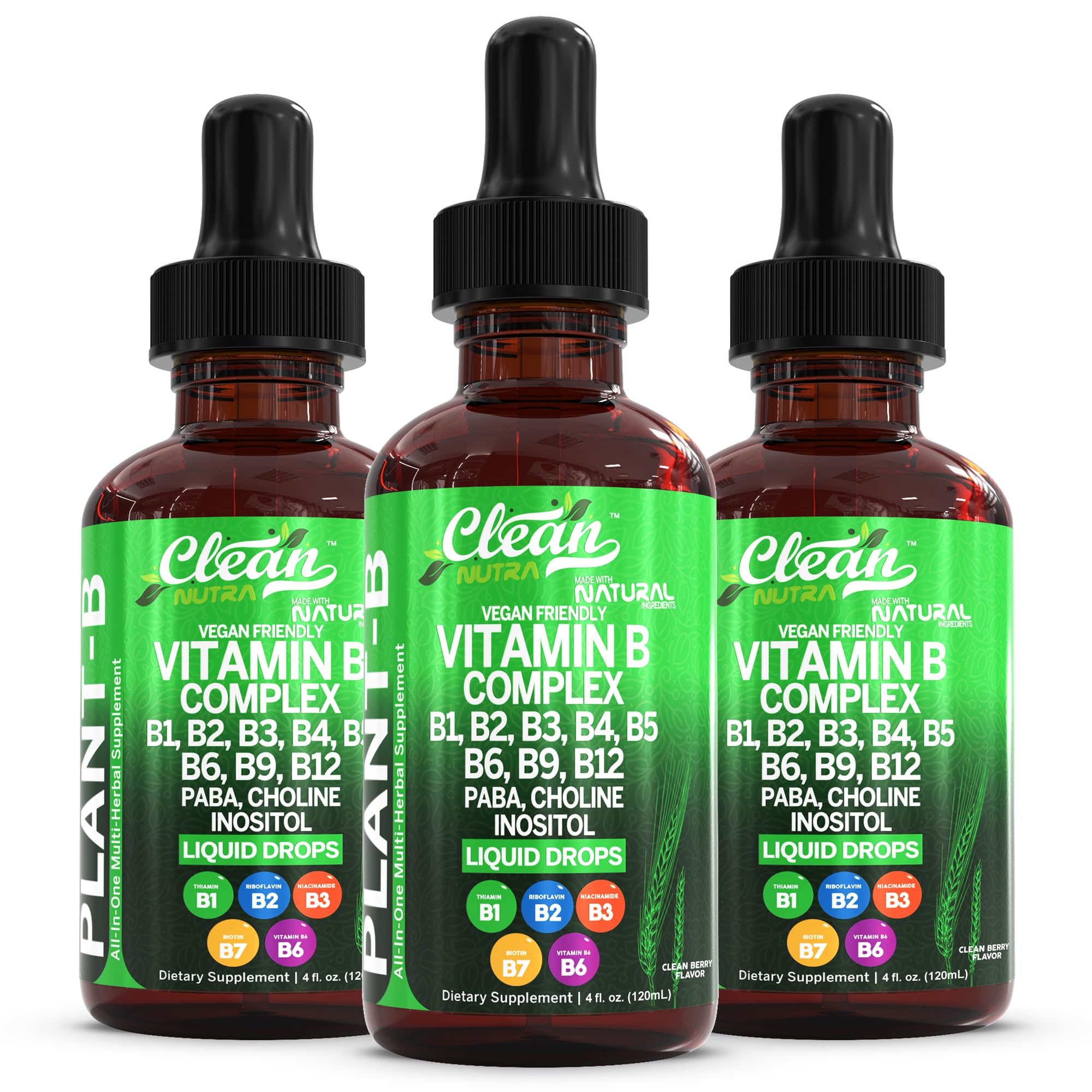Vitamin B Complex Liquid Drops | Thiamine B1, B6, B2, B3, B4, B5, B7 B9, B12, Niacinamide, Paba, Choline Inositol Taurine Probiotics Beet Root Spirulina - Plant-B Vitamin Supplements by Clean Nutra