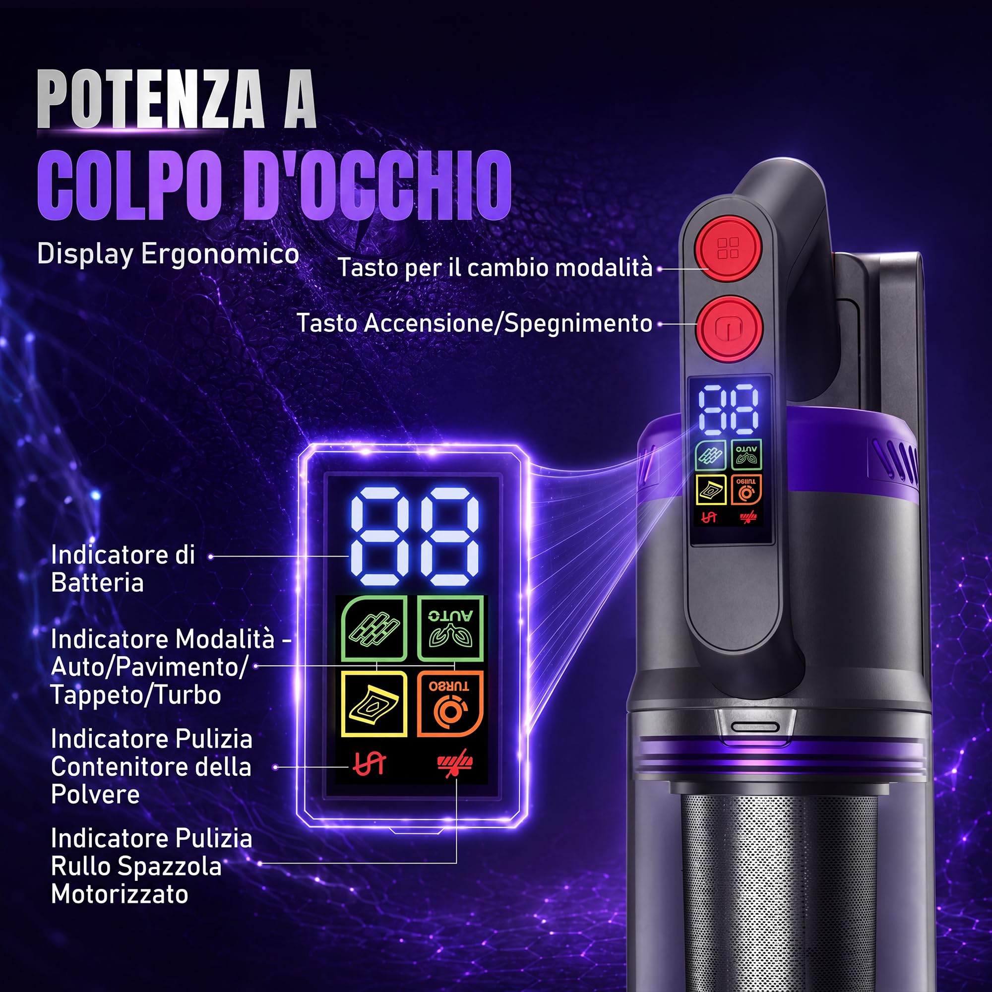 Aspirapolvere Senza Fili, 600W/58000Pa, Scopa Elettrica Senza Fili 75Min, Modalità Automatica, Aspirapolvere Senza Filo LED Touchscreen, Anti-Avvolgimento per Tappeti/Pavimenti/Peli Animali