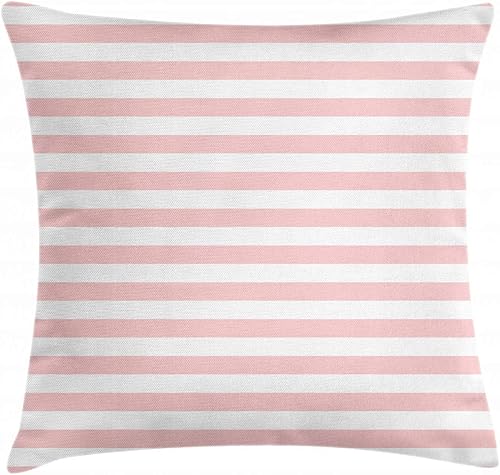Lunarable Funda de cojín color rubor, estilo retro, rayas rosadas sobre fondo blanco, diseño geométrico vintage, funda de almohada cuadrada