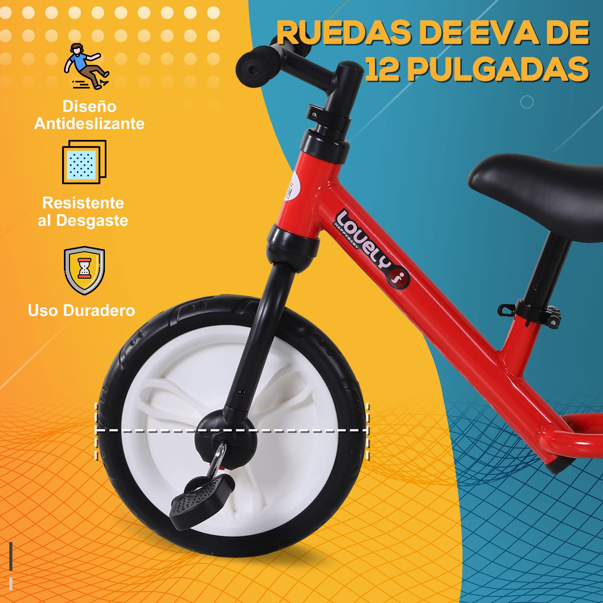 HOMCOM Bicicleta de Equilibrio con Pedales y Ruedas Entrenamiento Extraíbles de Asiento Regulable 33-38cm Niños +24 Meses Carga 25kg