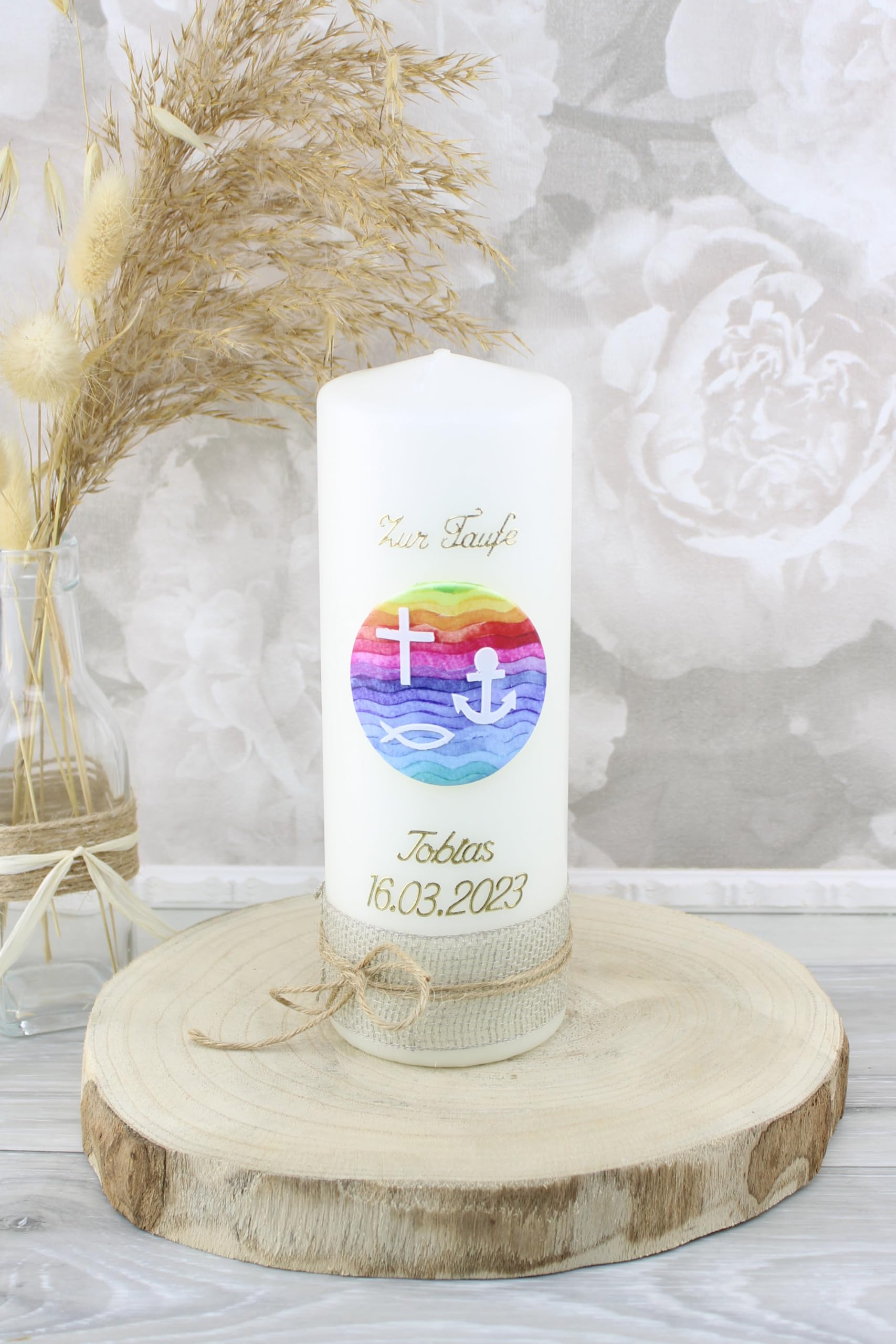Cerziies® Taufkerze TOBI Junge oder Mädchen mit Name und Datum, individuell und handverziert 2510
