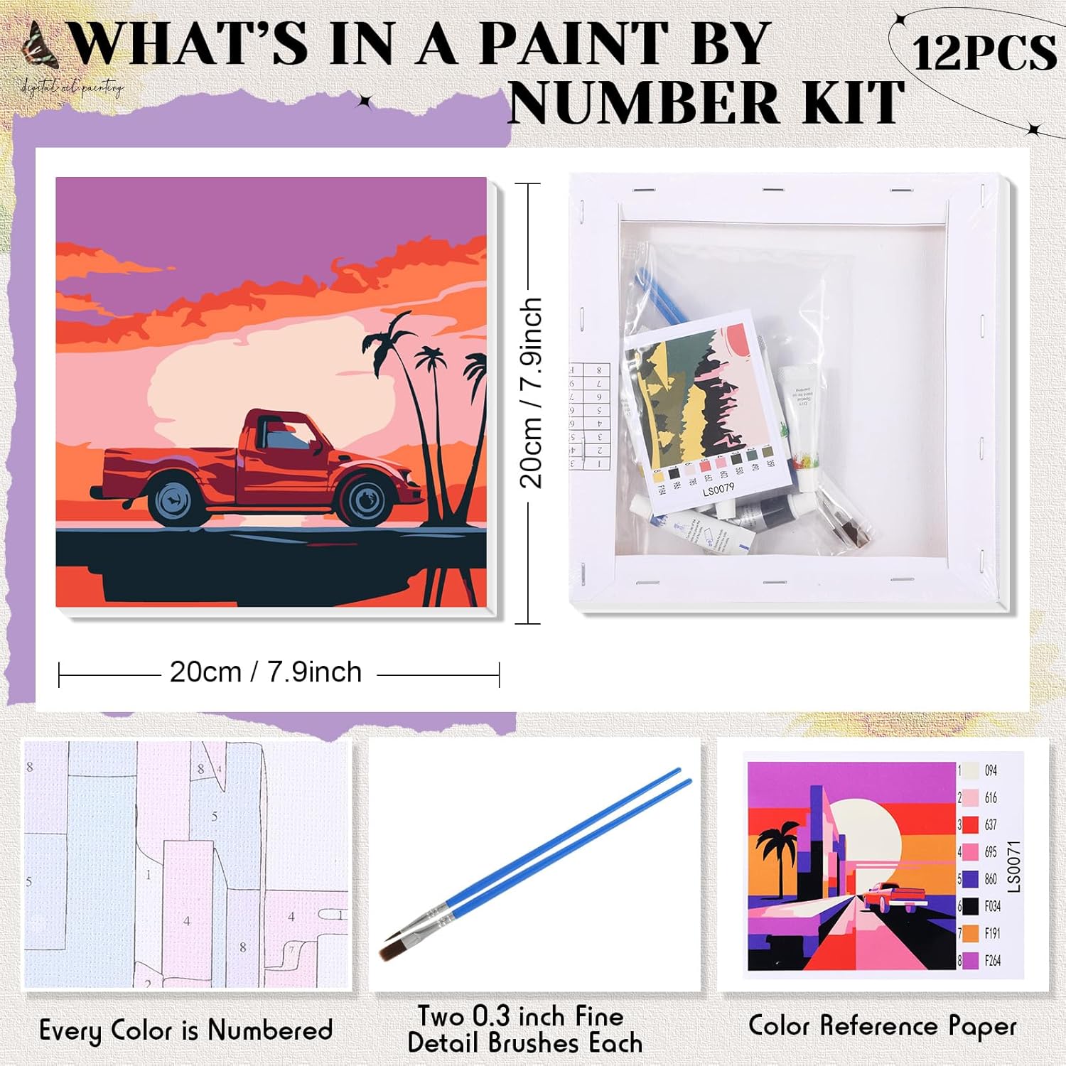 Nezyo 12 Sets Paint by Numbers Kit with Frame for Adult Beginners, Paint by Number DIY Acrylic Painting Canvas for Painting Party, Classroom Activity Birthday Gift, 8 x 8 Inch