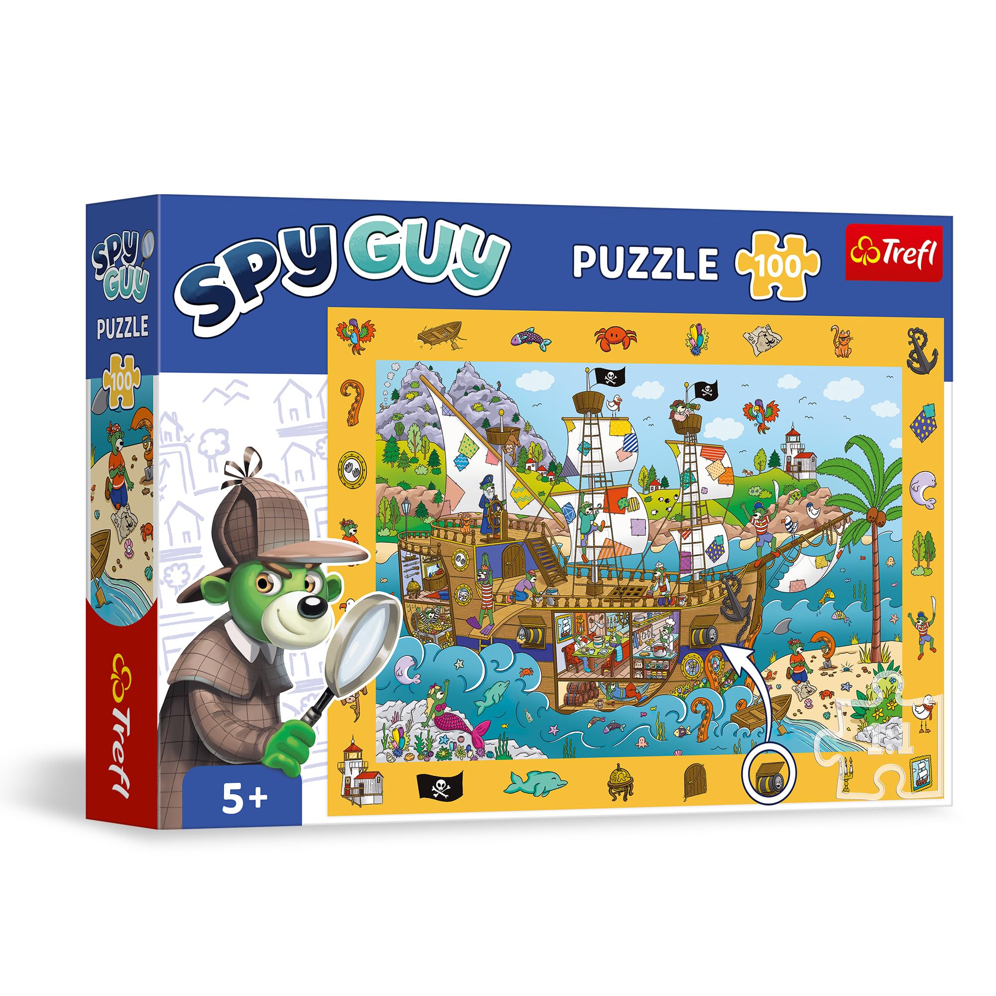 Trefl - Spy Guy Observational Puzzle: Pirate Ship - 100 Pieces - Find All Items from The Frame, Colorful Puzzle Full of Details, Perception Training for Children from 5 Years