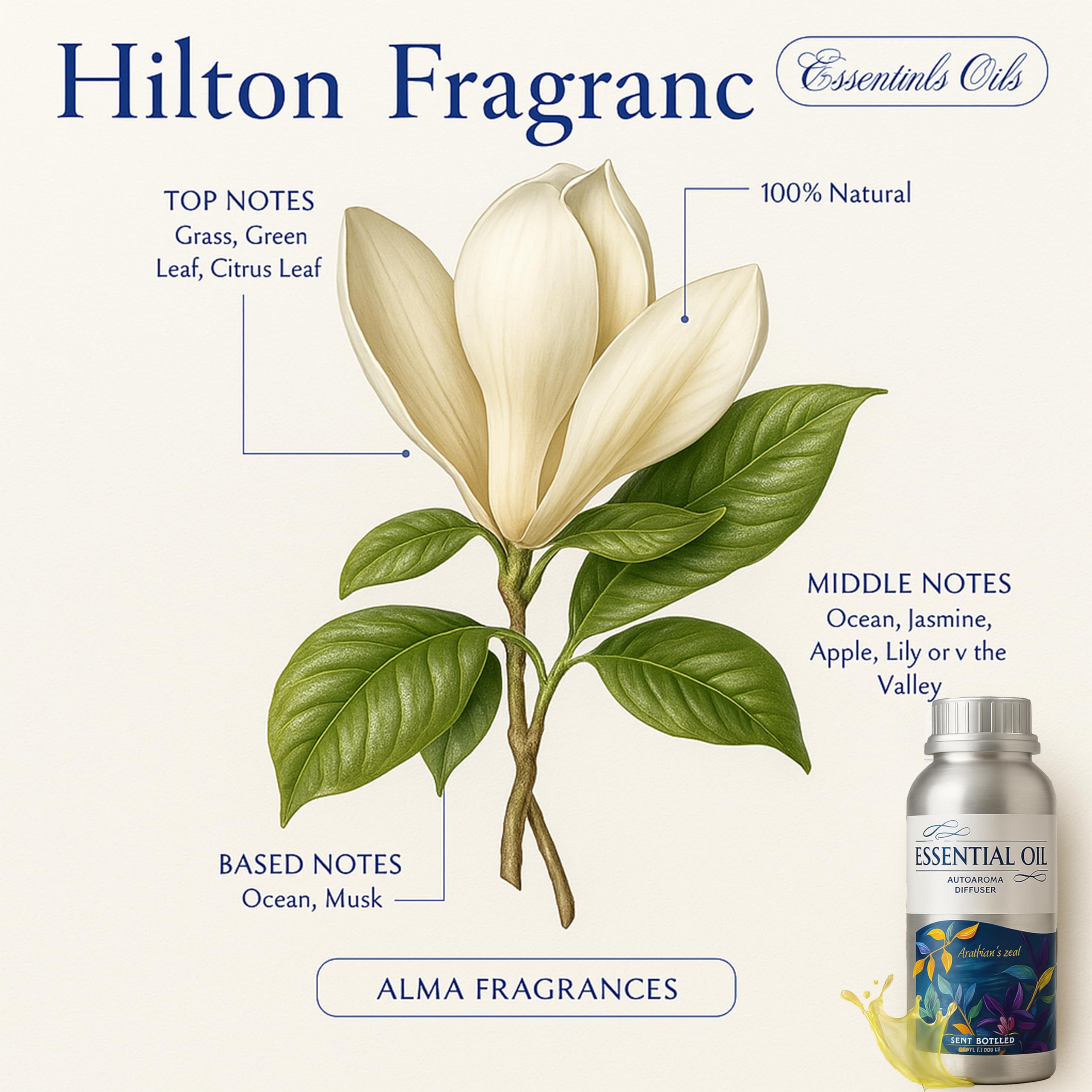 Alma Aceite Esencial Hilton – Recarga para difusor – hierba verde y acorde oceánico · 500 ml – Ambiente aromático perfumado – hierba verde, hojas verdes y cítricos – Recarga líquida 500 ml