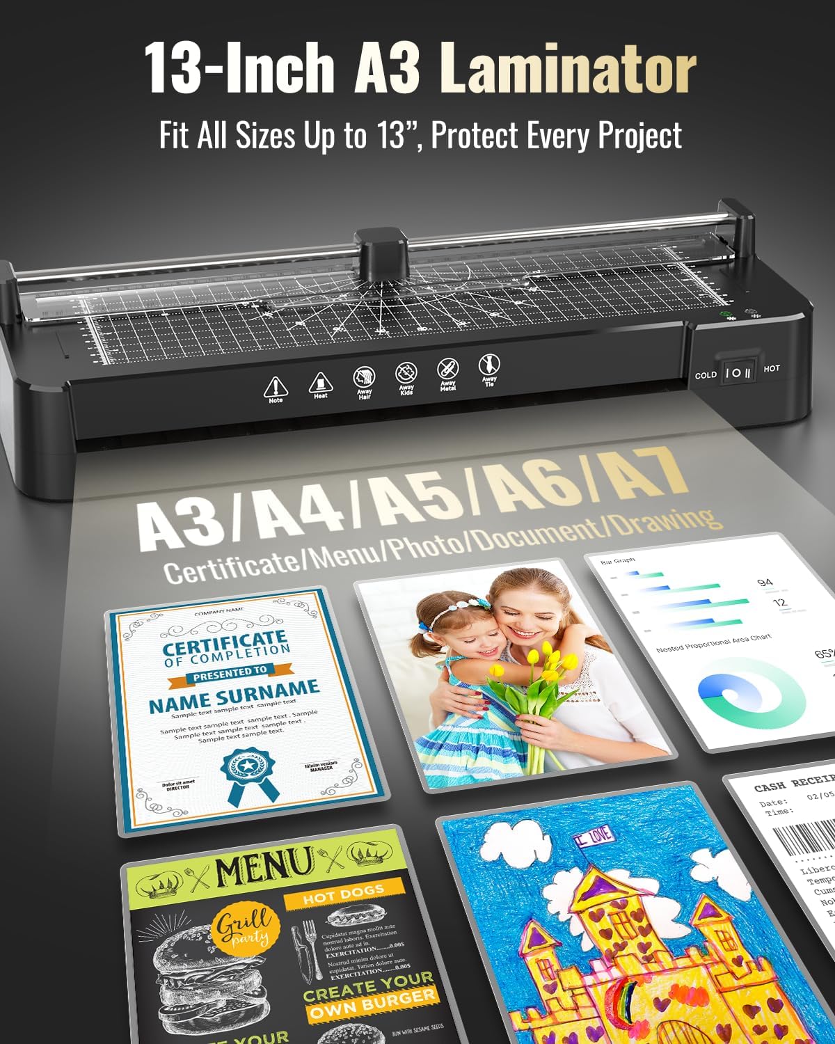 13in Laminator Machine with Sheets 50pcs + Paper Trimmer + Corner Rounder, 11x17 / ABS Anti-Jam Technology |Dual Hot and Cold Mode | 90s Fast Preheat for A3/A4/A5/A6 Home Office School Use 8 81kh Pab2RL. AC SL1500