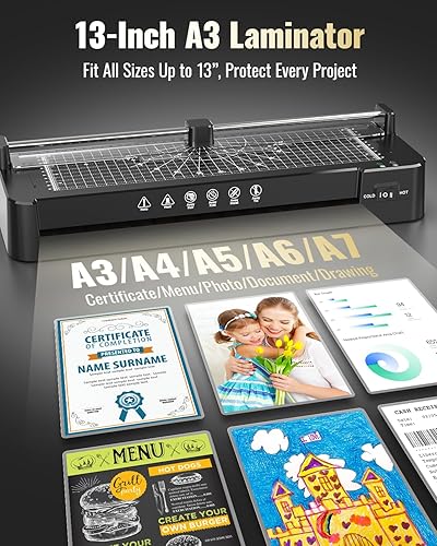 Miniatura 7 de Máquina laminadora de 13 pulgadas con recortadora de papel + 50 hojas + redondeador de esquina, modo doble calientefrío, tecnología antiatascos,