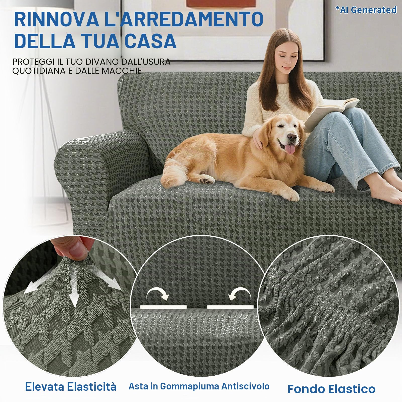 YSTELLAA Natale Copridivano 3 Posti con Braccioli, Copri Divano AntiGraffio Gatto Cani, Copridivani Elasticizzati, Fodera Divano Moderno, Sofa Cover Antiscivolo Antimacchia, Verde Militare