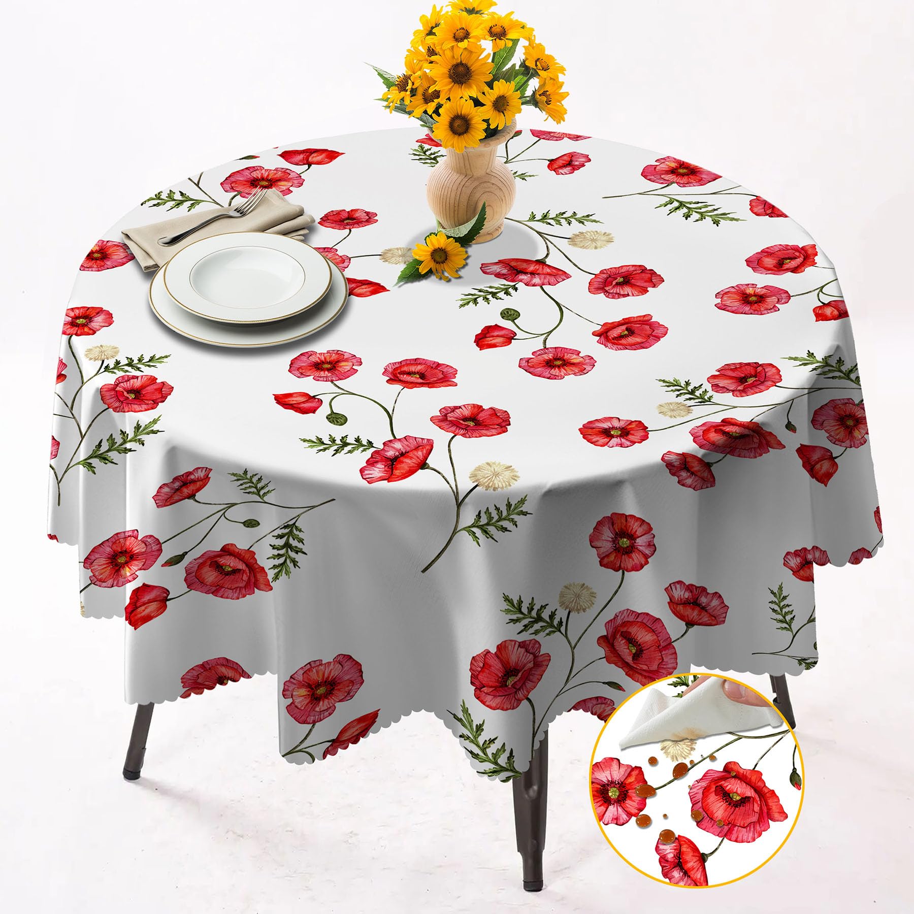 OliveSleep Round Tablecloth 152cm Wrinkle Free Washable Polyester Table Cloth for Circular Table, Home Dining Party Use,Poppy Round Wipe Clean Tablecloth 60 Inches (Color 14)