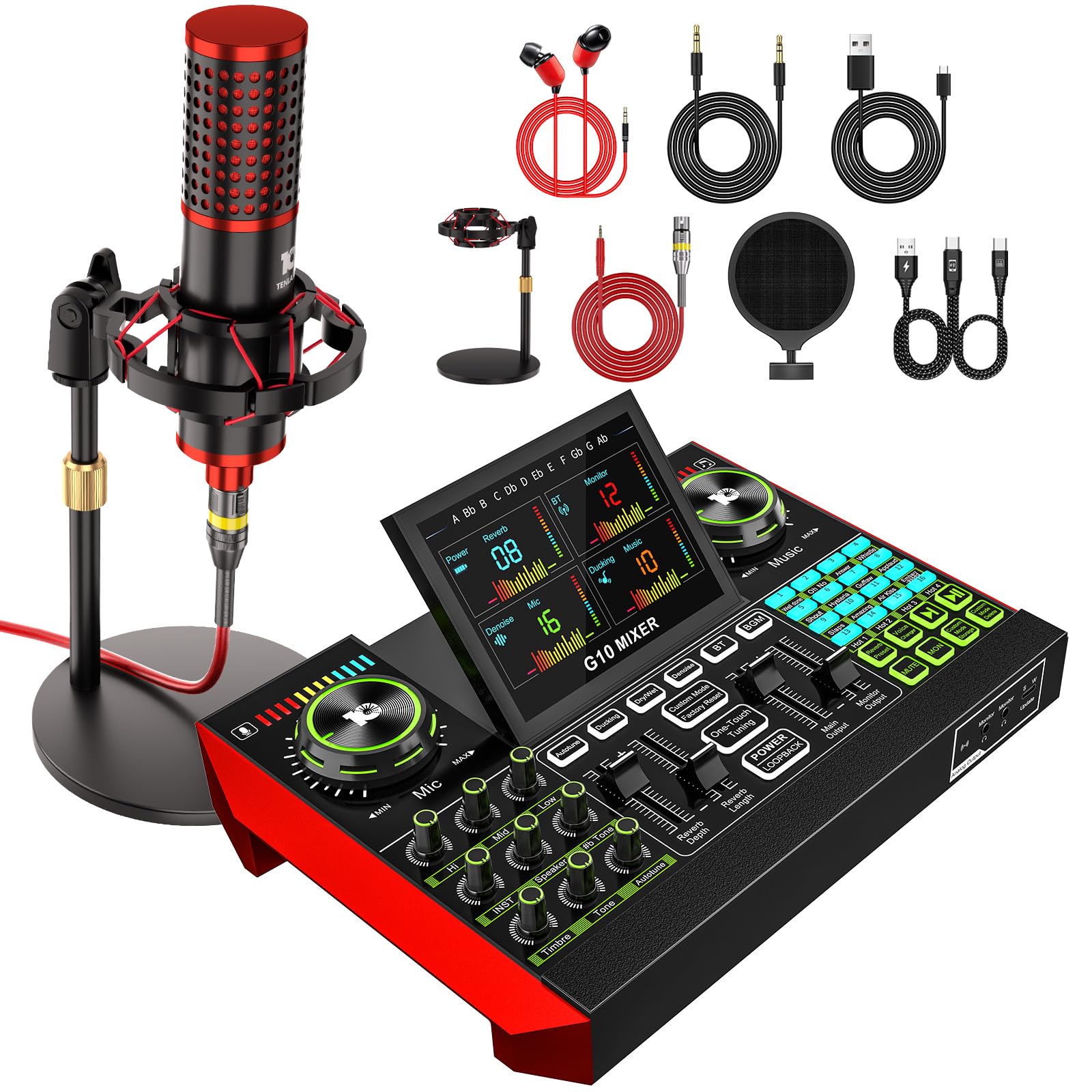 G10 Podcast Mikrofon Set mit 3,5mm Kondensatormikrofon P17 | Schwenkarmständer, Soundkarte, Audiomixer, für Livestream, Gesang, Gaming und Stimmveränderung